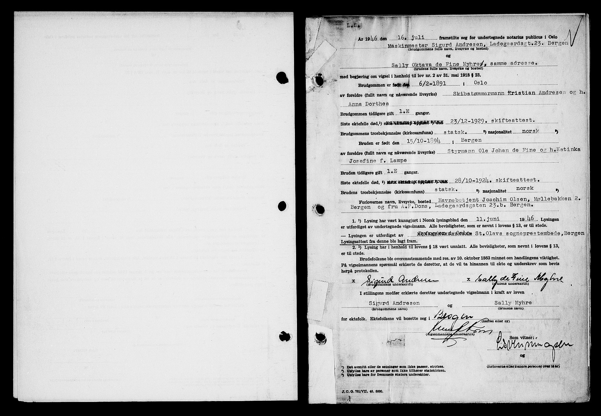 Oslo byfogd avd. I, AV/SAO-A-10220/L/Lb/Lbb/L0057: Notarialprotokoll, rekke II: Vigsler, 1946