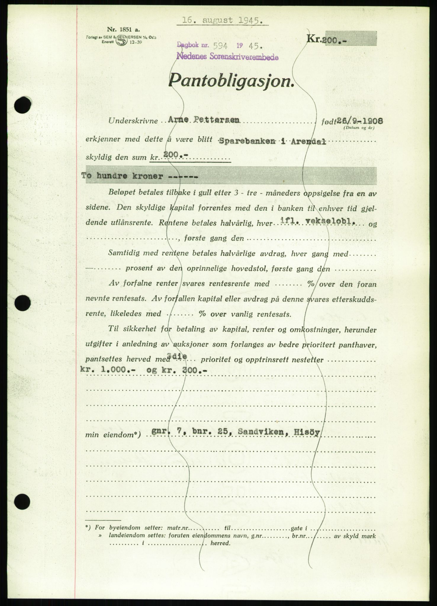 Nedenes sorenskriveri, SAK/1221-0006/G/Gb/Gbb/L0002: Pantebok nr. II, 1942-1945, Dagboknr: 594/1945
