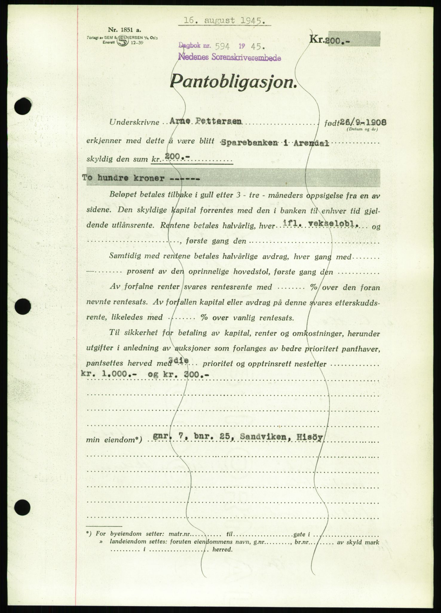 Nedenes sorenskriveri, AV/SAK-1221-0006/G/Gb/Gbb/L0002: Pantebok nr. II, 1942-1945, Dagboknr: 594/1945