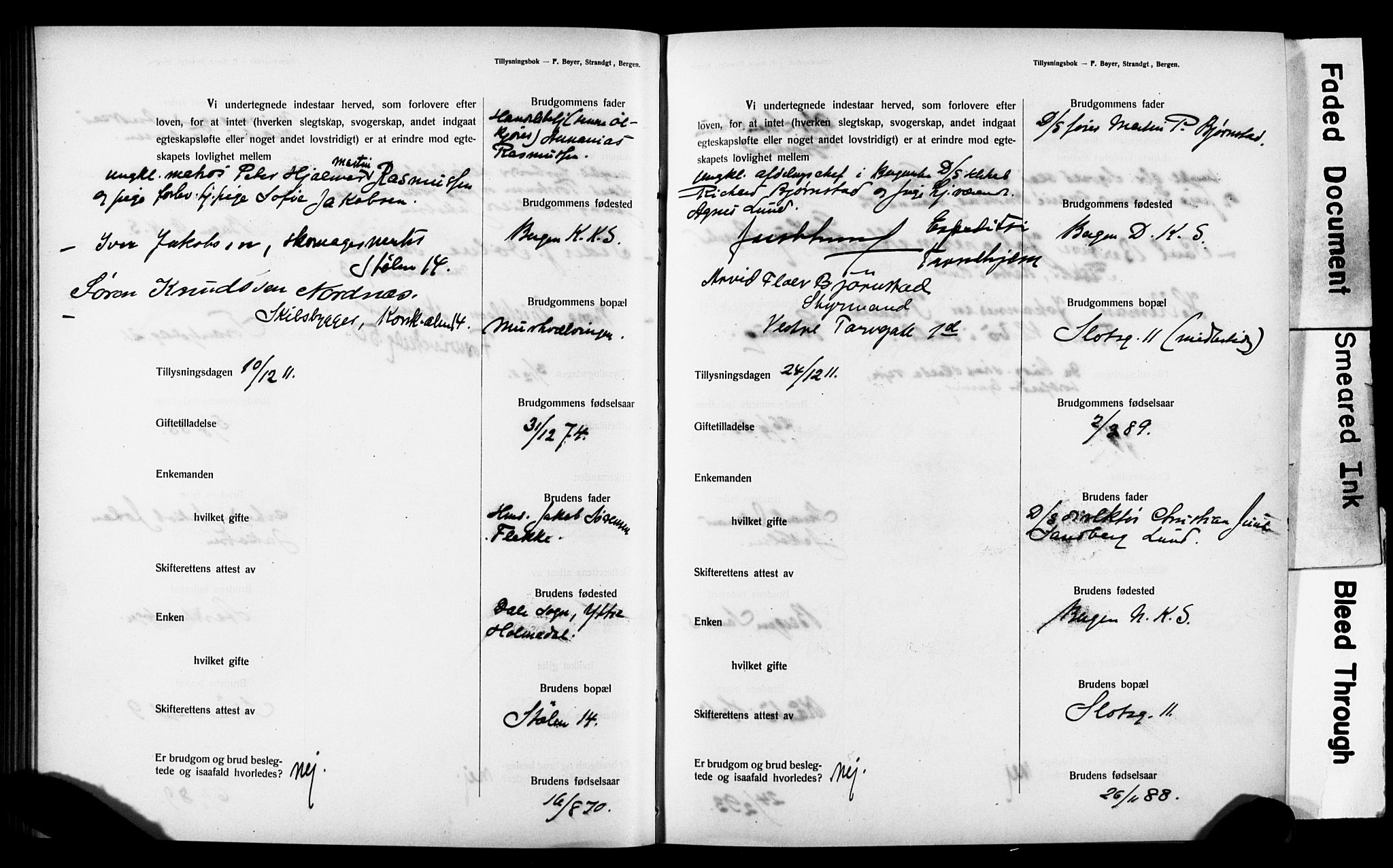 Mariakirken Sokneprestembete, SAB/A-76901: Forlovererklæringer nr. II.5.3, 1909-1917, s. 62