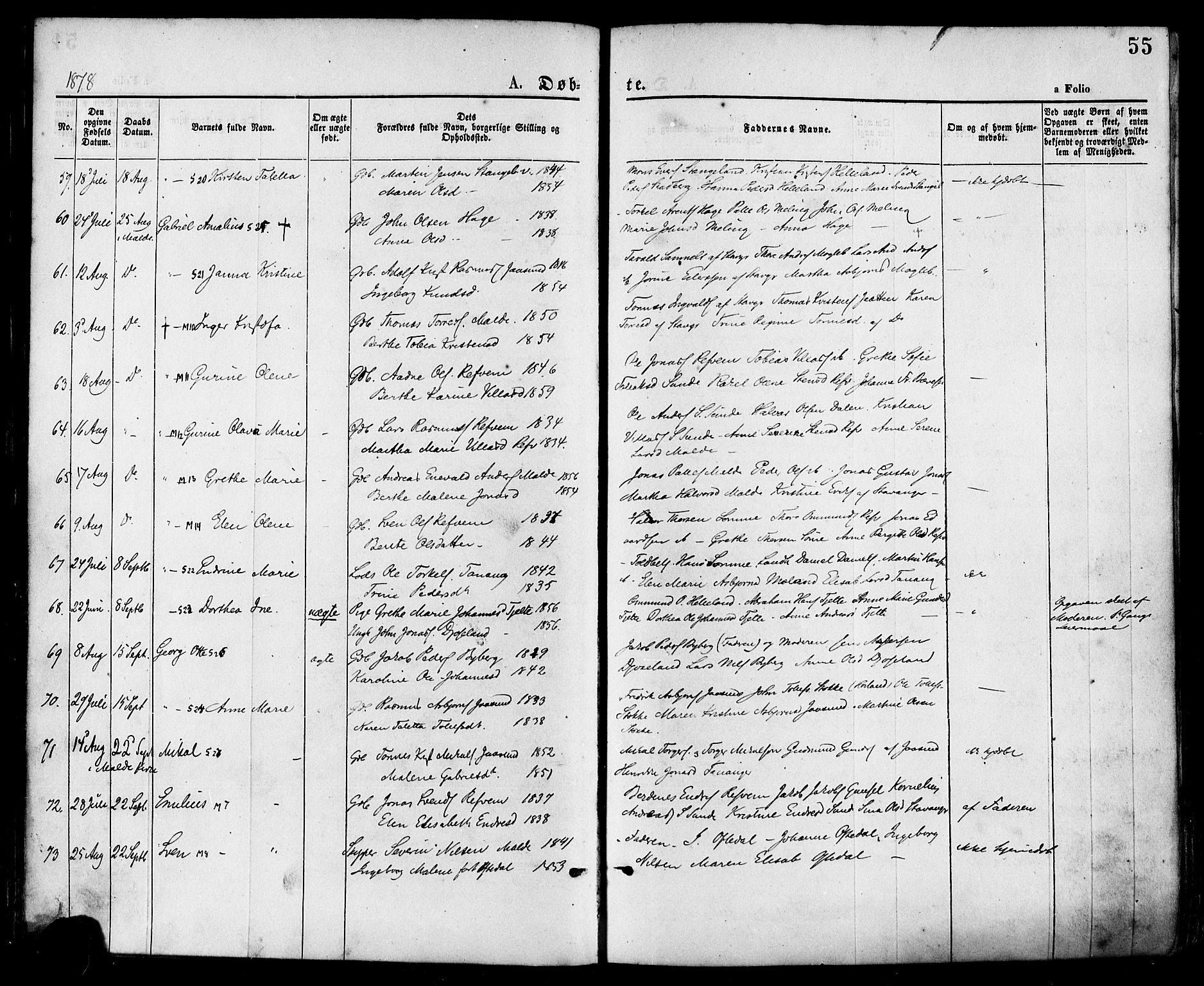 Håland sokneprestkontor, AV/SAST-A-101802/001/30BA/L0009: Ministerialbok nr. A 8, 1871-1882, s. 55