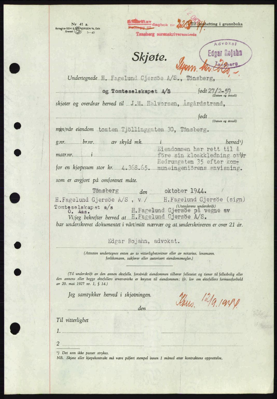 Tønsberg sorenskriveri, AV/SAKO-A-130/G/Ga/Gaa/L0016: Pantebok nr. A16, 1944-1945, Dagboknr: 2258/1944