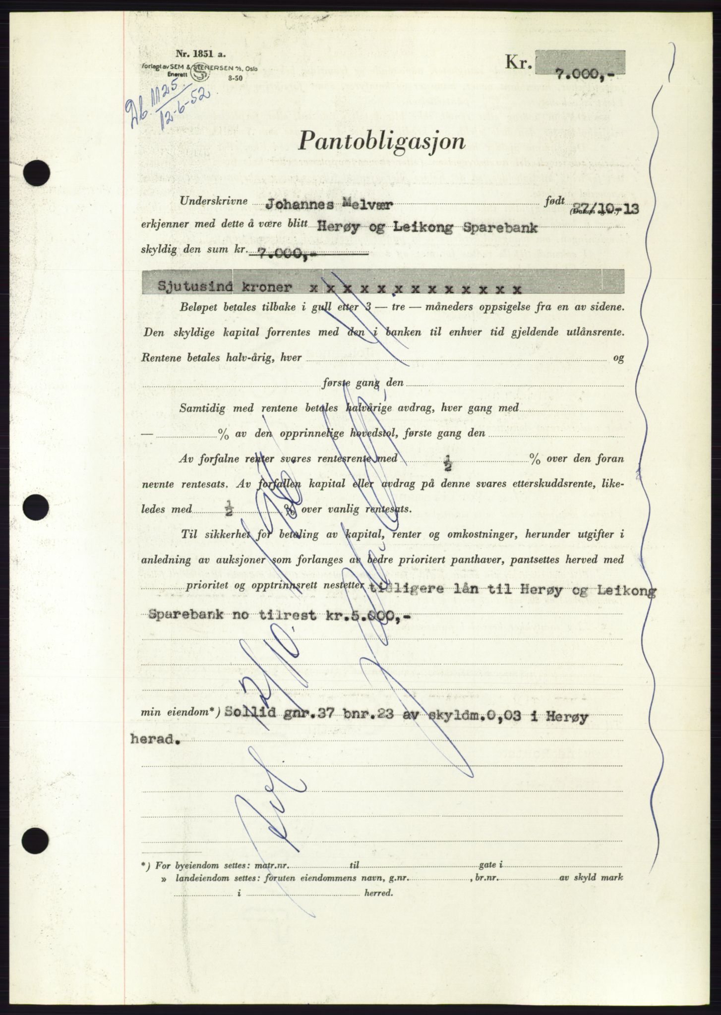 Søre Sunnmøre sorenskriveri, AV/SAT-A-4122/1/2/2C/L0121: Pantebok nr. 9B, 1951-1952, Dagboknr: 1125/1952