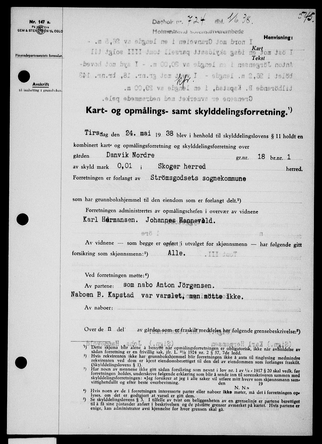 Holmestrand sorenskriveri, SAKO/A-67/G/Ga/Gaa/L0049: Pantebok nr. A-49, 1937-1938, Dagboknr: 724/1938