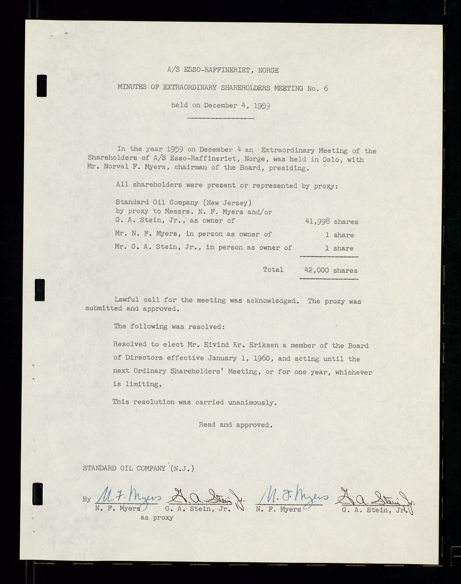 PA 1537 - A/S Essoraffineriet Norge, SAST/A-101957/A/Aa/L0001/0002: Styremøter / Shareholder meetings, board meetings, by laws (vedtekter), 1957-1960, s. 43