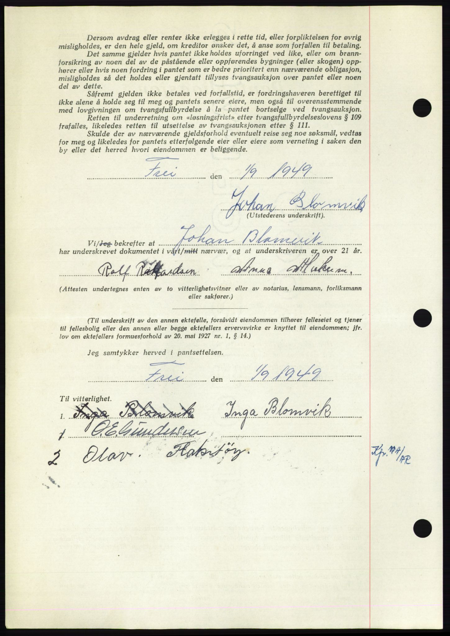 Nordmøre sorenskriveri, AV/SAT-A-4132/1/2/2Ca: Pantebok nr. B102, 1949-1949, Dagboknr: 2627/1949