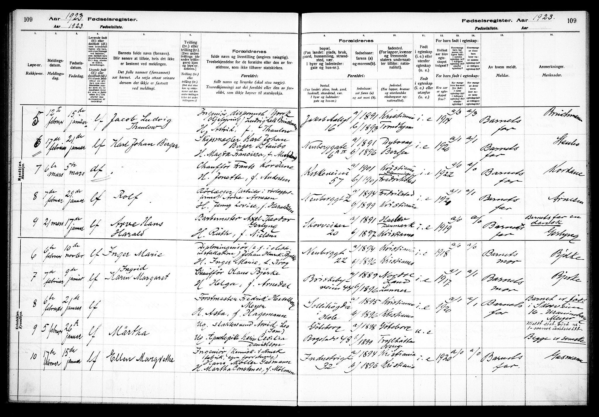 Uranienborg prestekontor Kirkebøker, AV/SAO-A-10877/J/Ja/L0001: Fødselsregister nr. 1, 1916-1930, s. 109