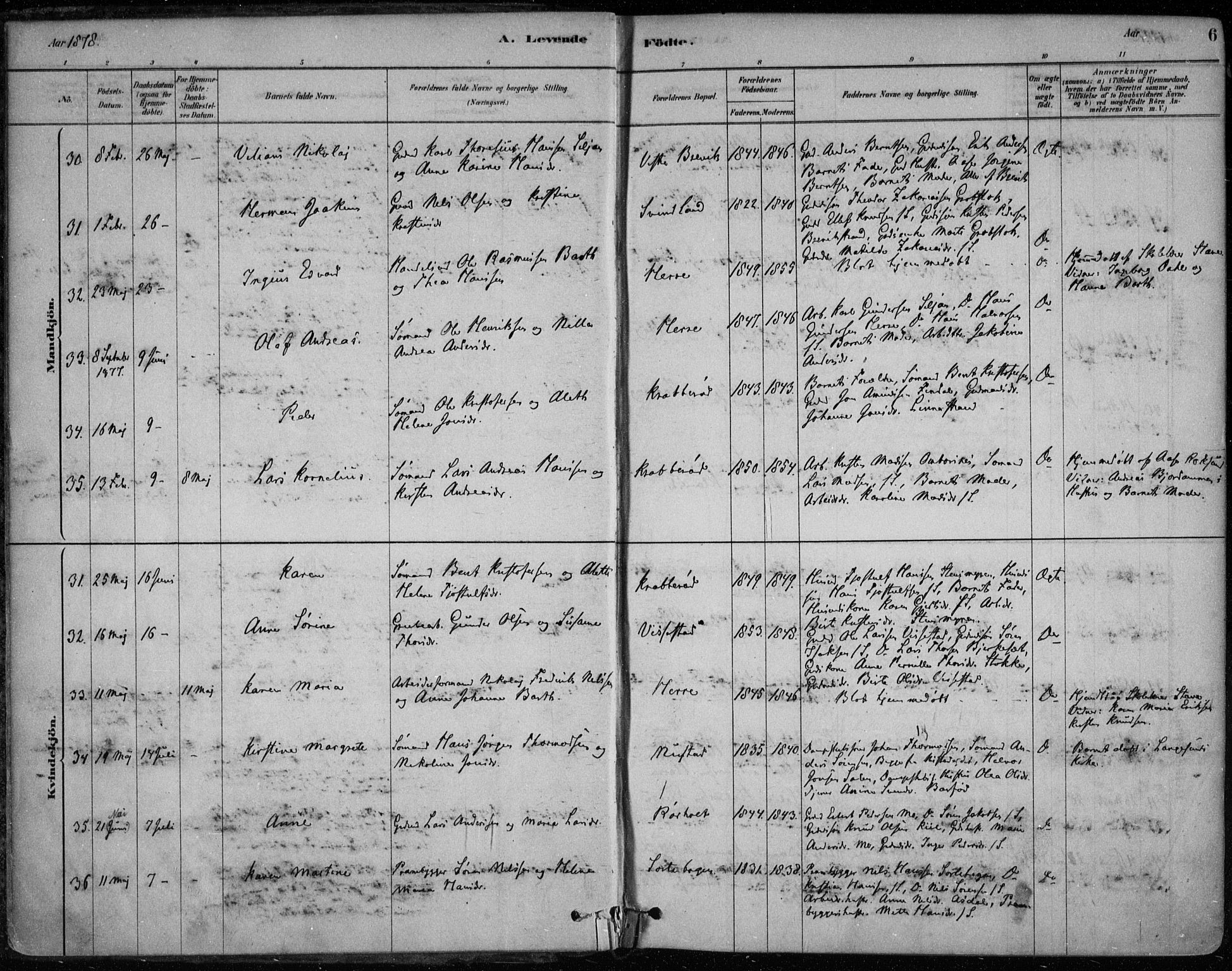 Bamble kirkebøker, AV/SAKO-A-253/F/Fa/L0007: Ministerialbok nr. I 7, 1878-1888, s. 6
