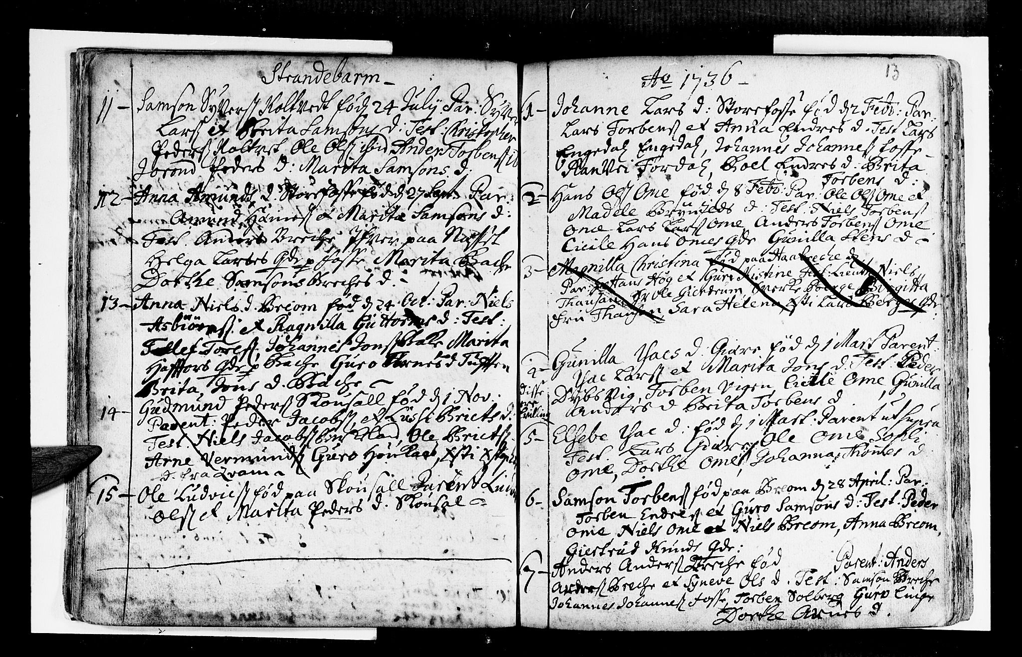 Strandebarm sokneprestembete, SAB/A-78401/H/Haa: Ministerialbok nr. A 2 /1, 1727-1750, s. 13