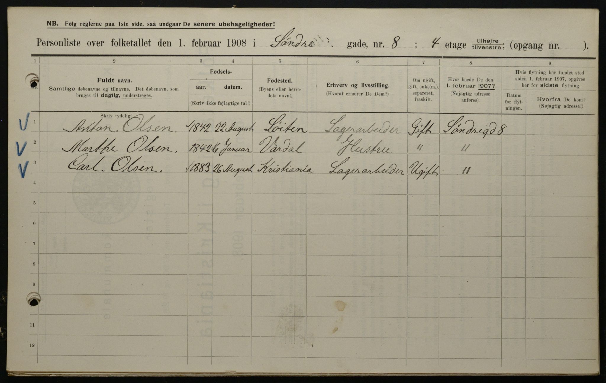 OBA, Kommunal folketelling 1.2.1908 for Kristiania kjøpstad, 1908, s. 95603