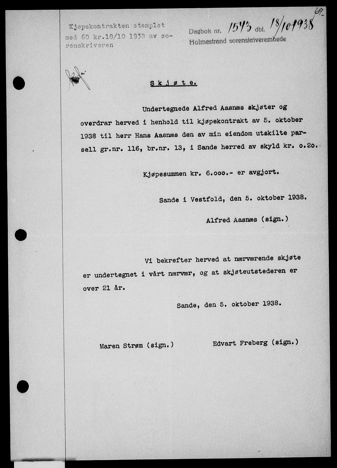 Holmestrand sorenskriveri, SAKO/A-67/G/Ga/Gaa/L0050: Pantebok nr. A-50, 1938-1939, Dagboknr: 1543/1938