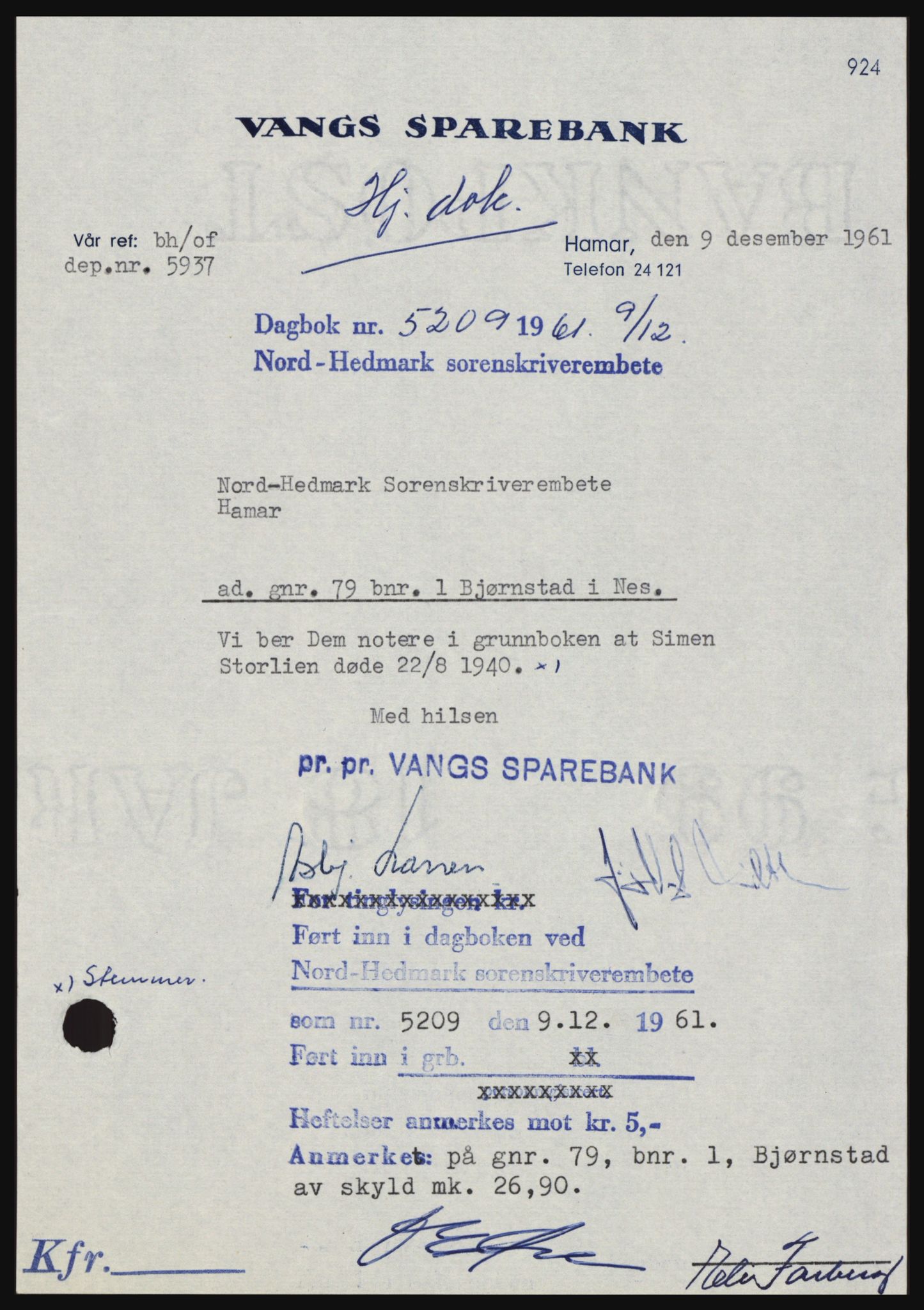 Nord-Hedmark sorenskriveri, SAH/TING-012/H/Hc/L0015: Pantebok nr. 15, 1961-1961, Dagboknr: 5209/1961