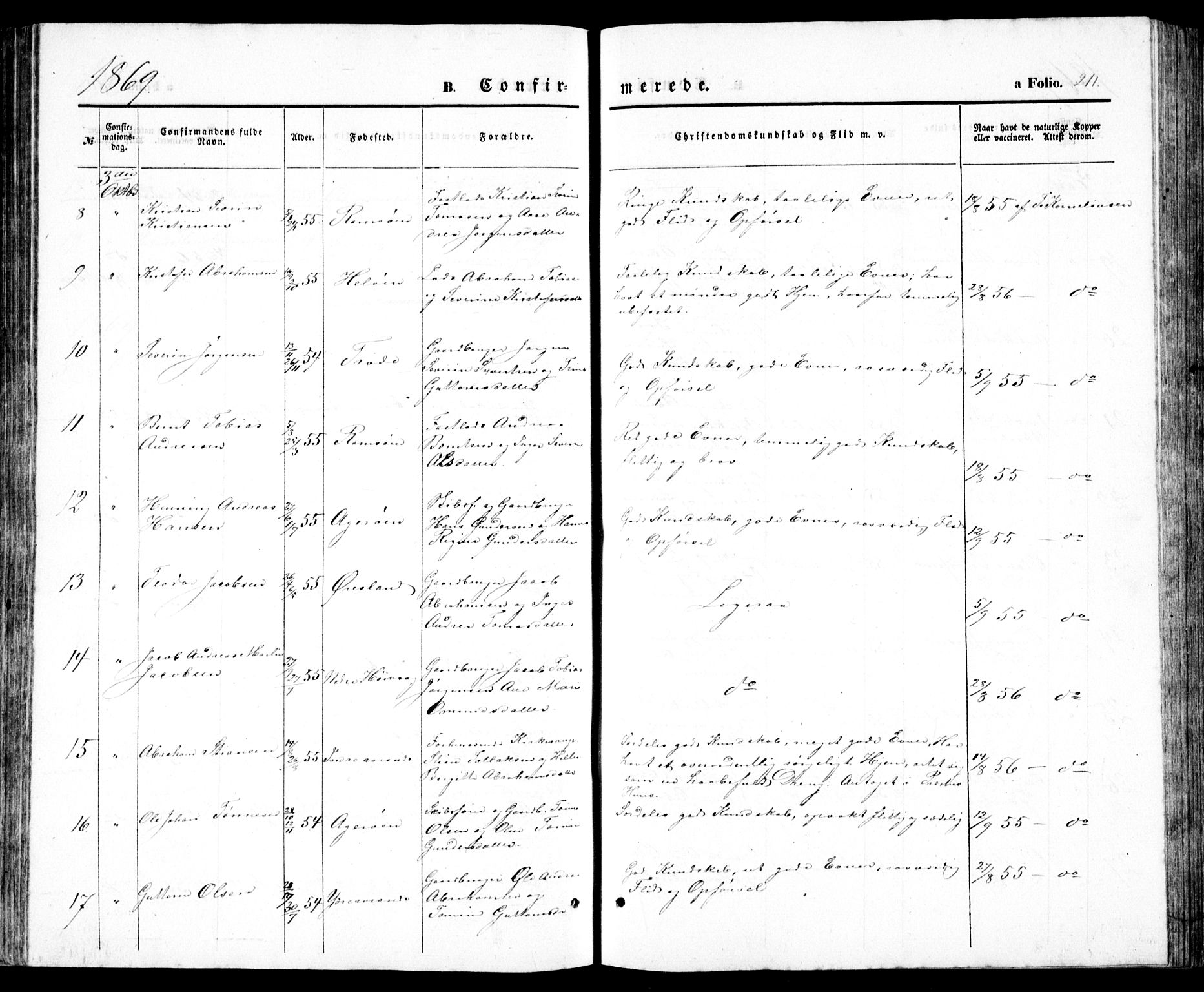 Høvåg sokneprestkontor, SAK/1111-0025/F/Fb/L0002: Klokkerbok nr. B 2, 1847-1869, s. 211