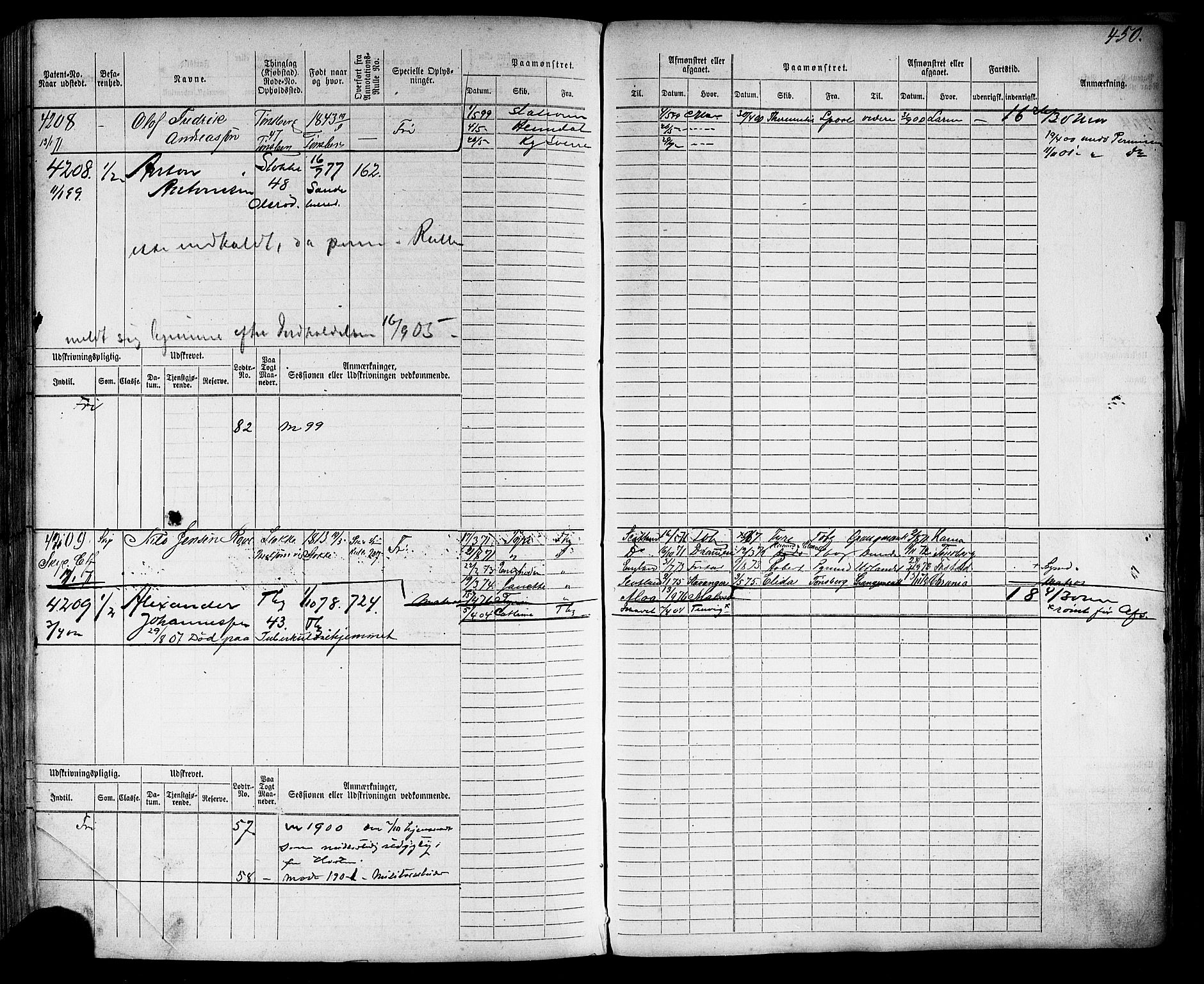 Tønsberg innrulleringskontor, SAKO/A-786/F/Fc/Fca/L0006: Hovedrulle Patent nr. 3313-4407, 1869-1871, s. 455