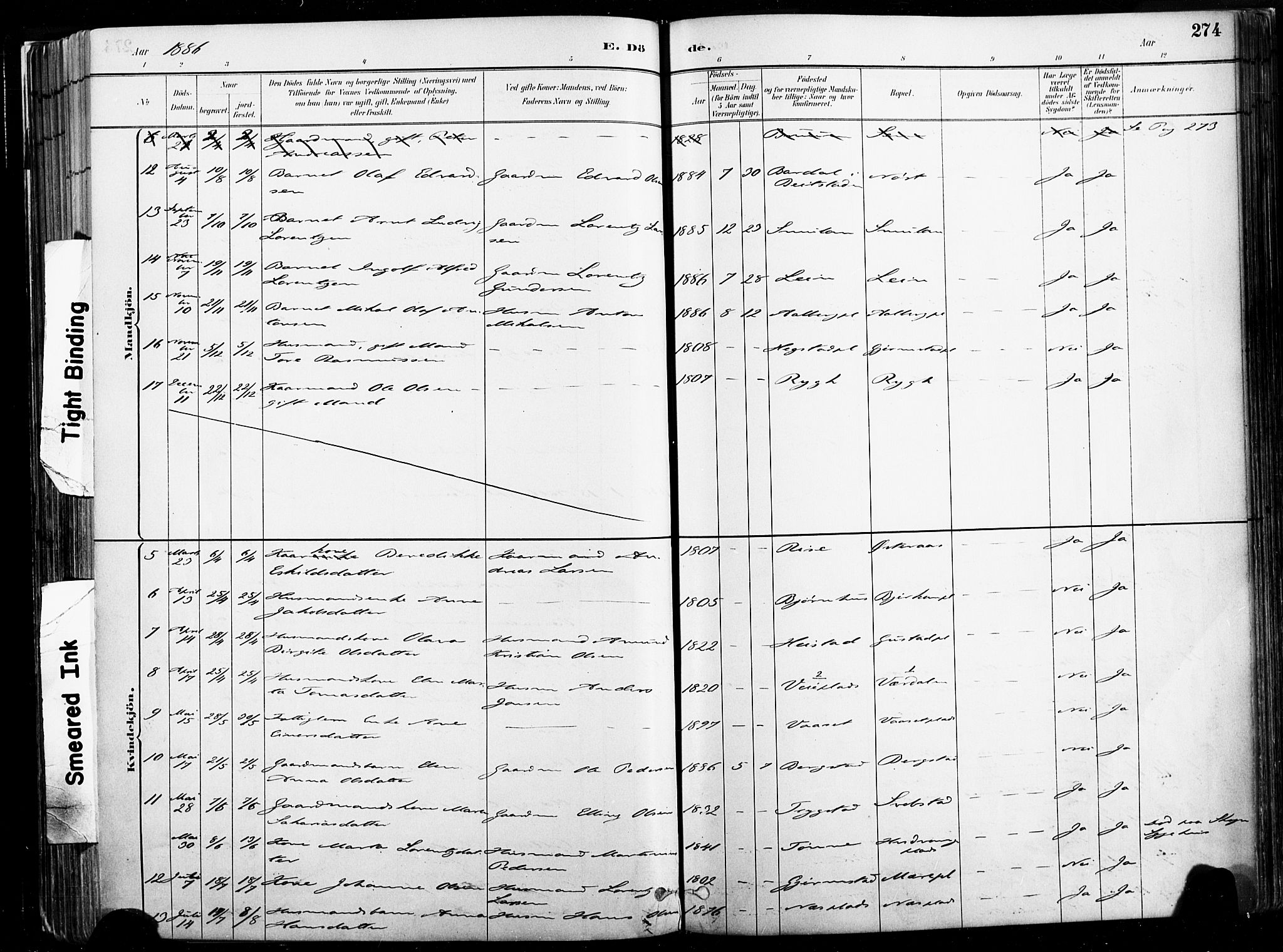 Ministerialprotokoller, klokkerbøker og fødselsregistre - Nord-Trøndelag, SAT/A-1458/735/L0351: Ministerialbok nr. 735A10, 1884-1908, s. 274