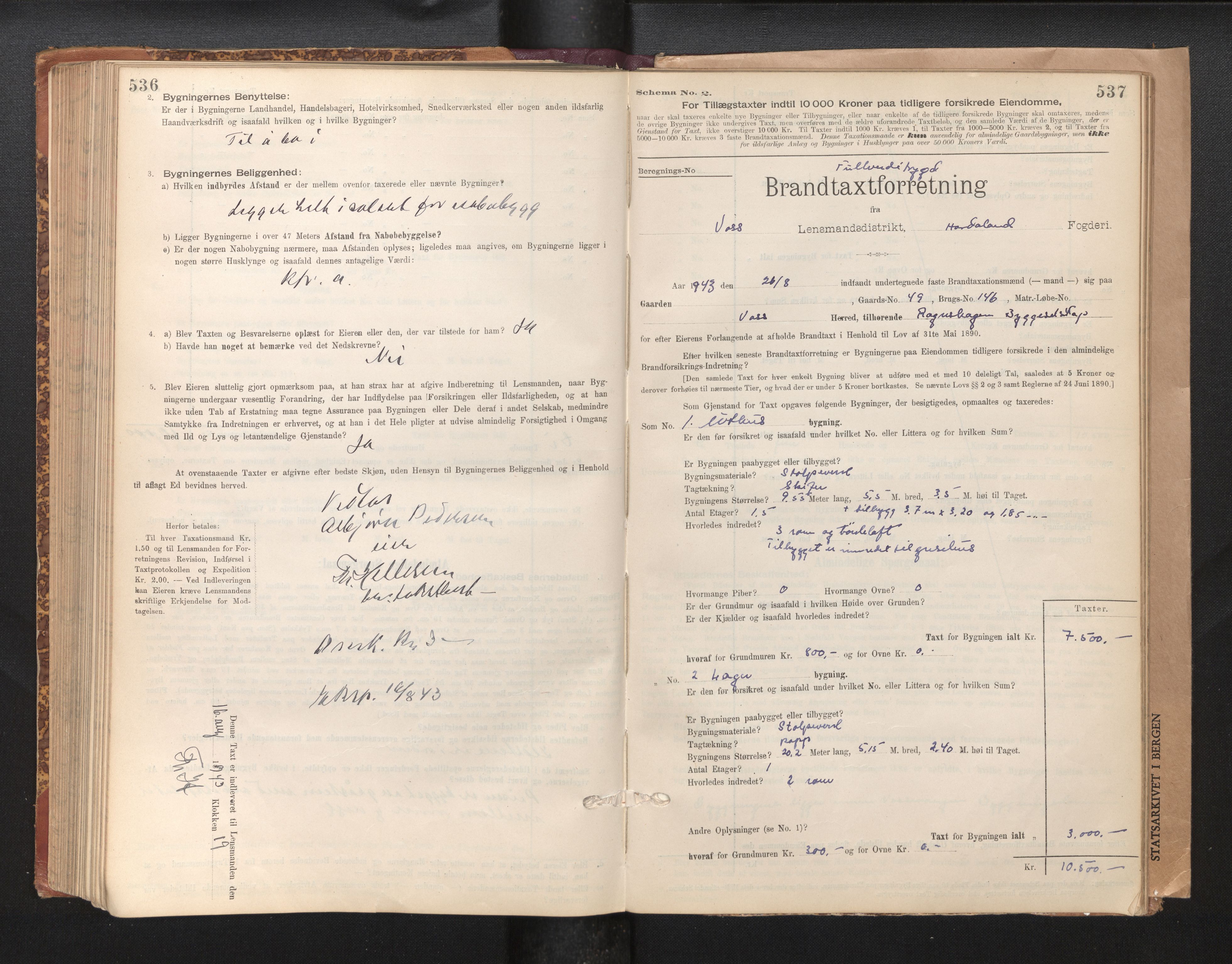 Lensmannen i Voss, SAB/A-35801/0012/L0008: Branntakstprotokoll, skjematakst, 1895-1945, s. 536-537