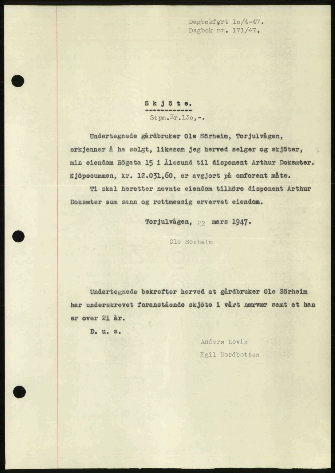 Ålesund byfogd, AV/SAT-A-4384: Pantebok nr. 37A (1), 1947-1949, Dagboknr: 171/1947