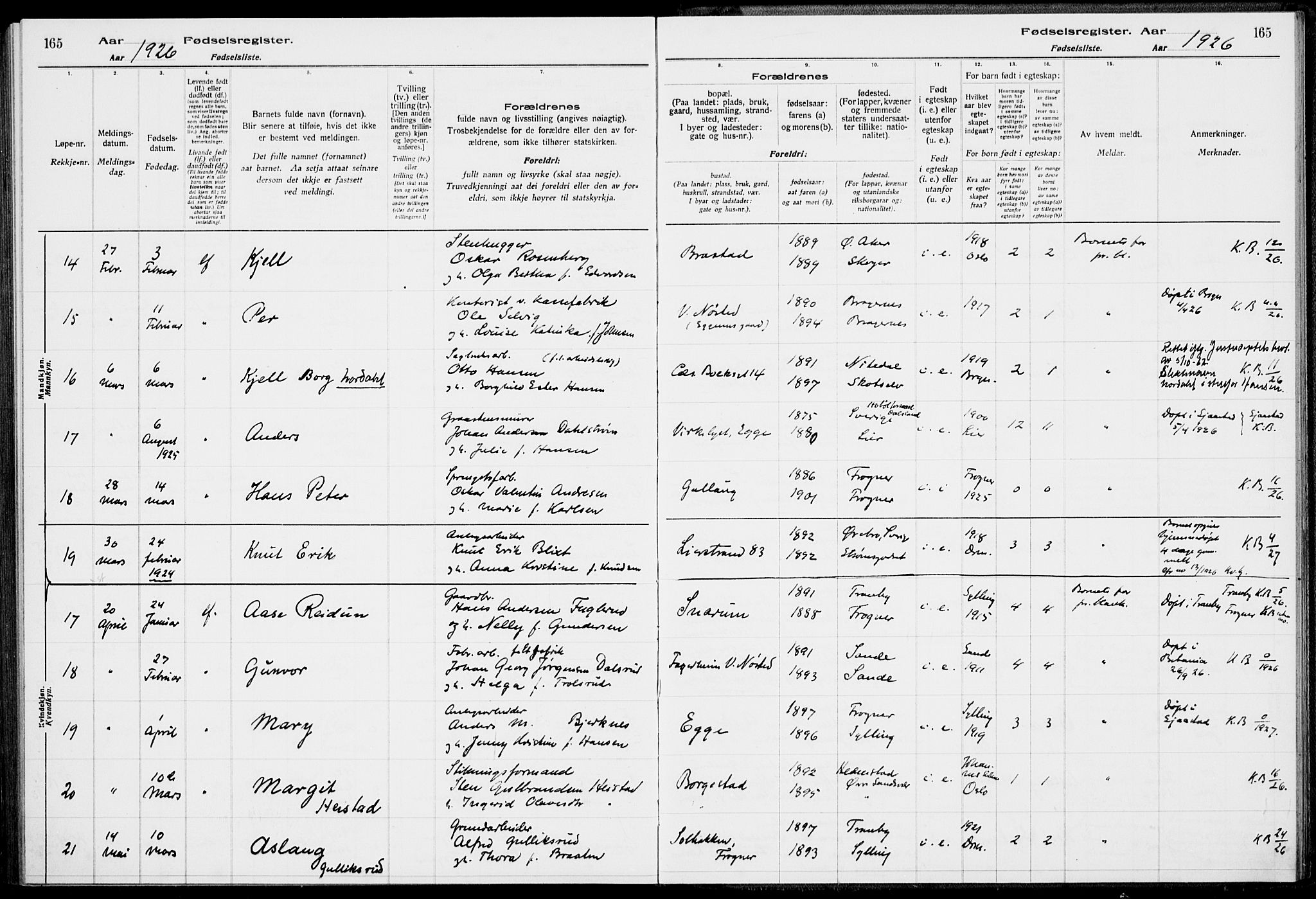 Lier kirkebøker, AV/SAKO-A-230/J/Ja/L0001: Fødselsregister nr. 1, 1916-1928, s. 165