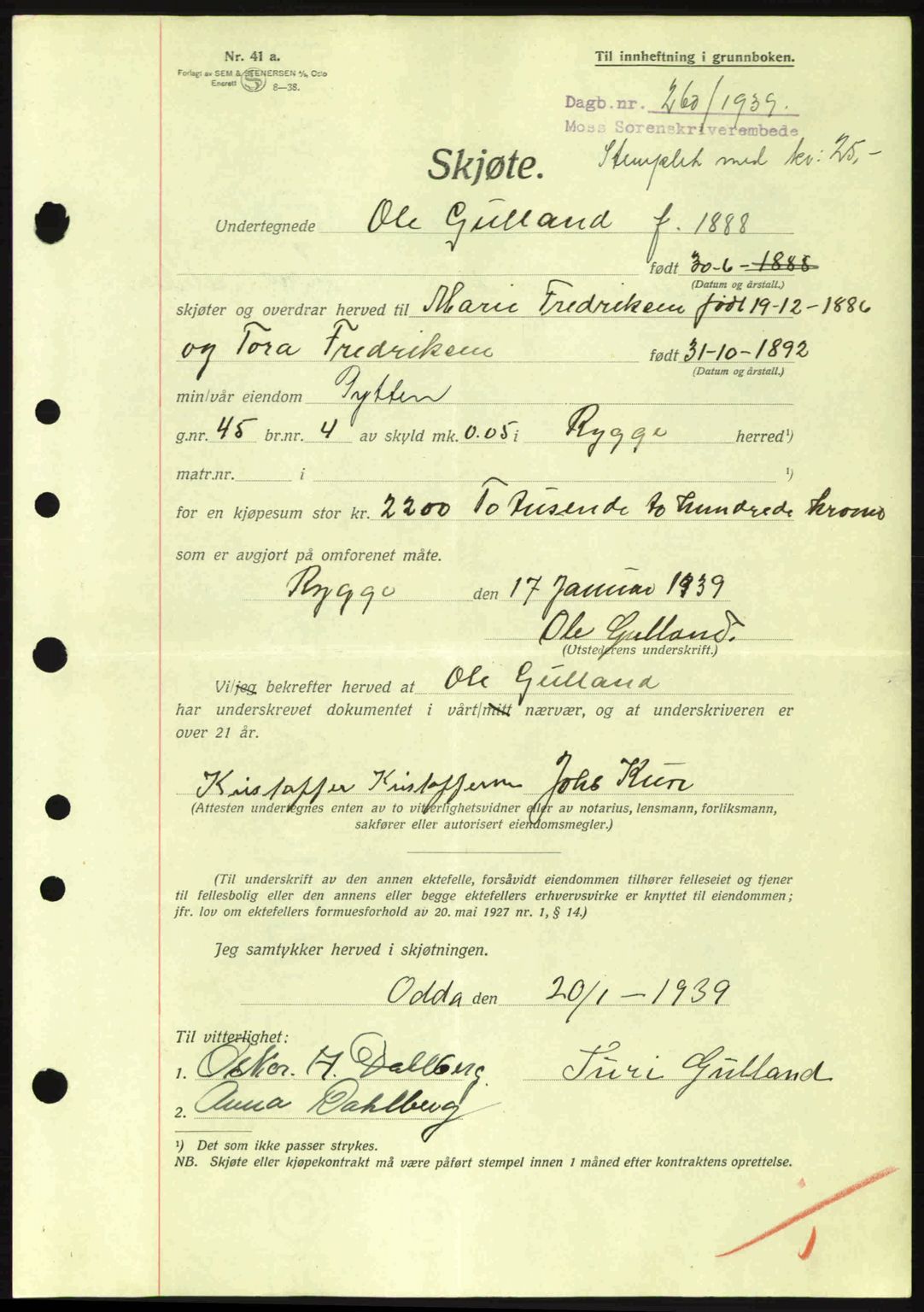 Moss sorenskriveri, SAO/A-10168: Pantebok nr. A5, 1938-1939, Dagboknr: 260/1939