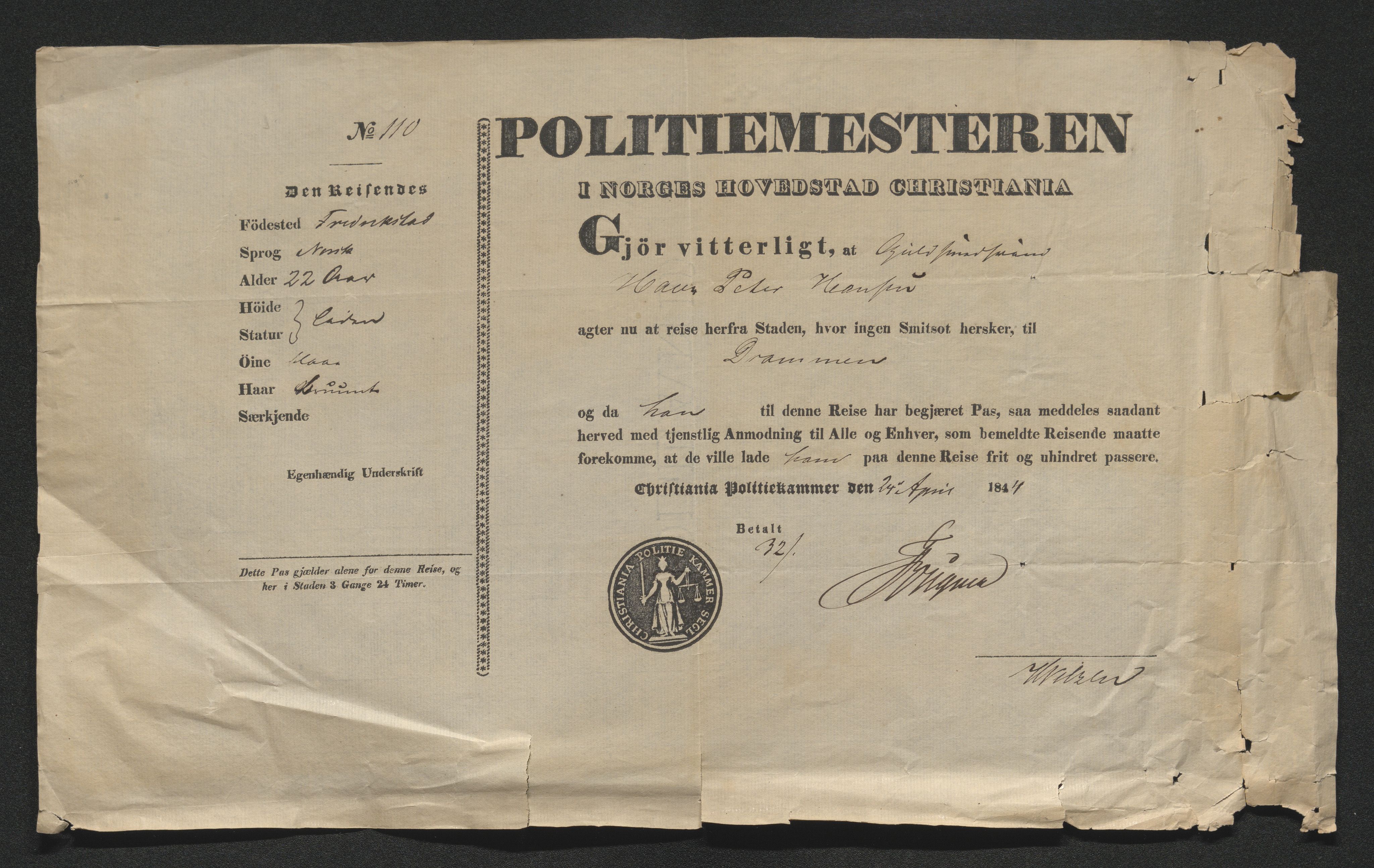 Drammen politikammer, SAKO/A-623/I/Ia/Iab/L0007: Innleverte pass, 1843-1844, s. 455