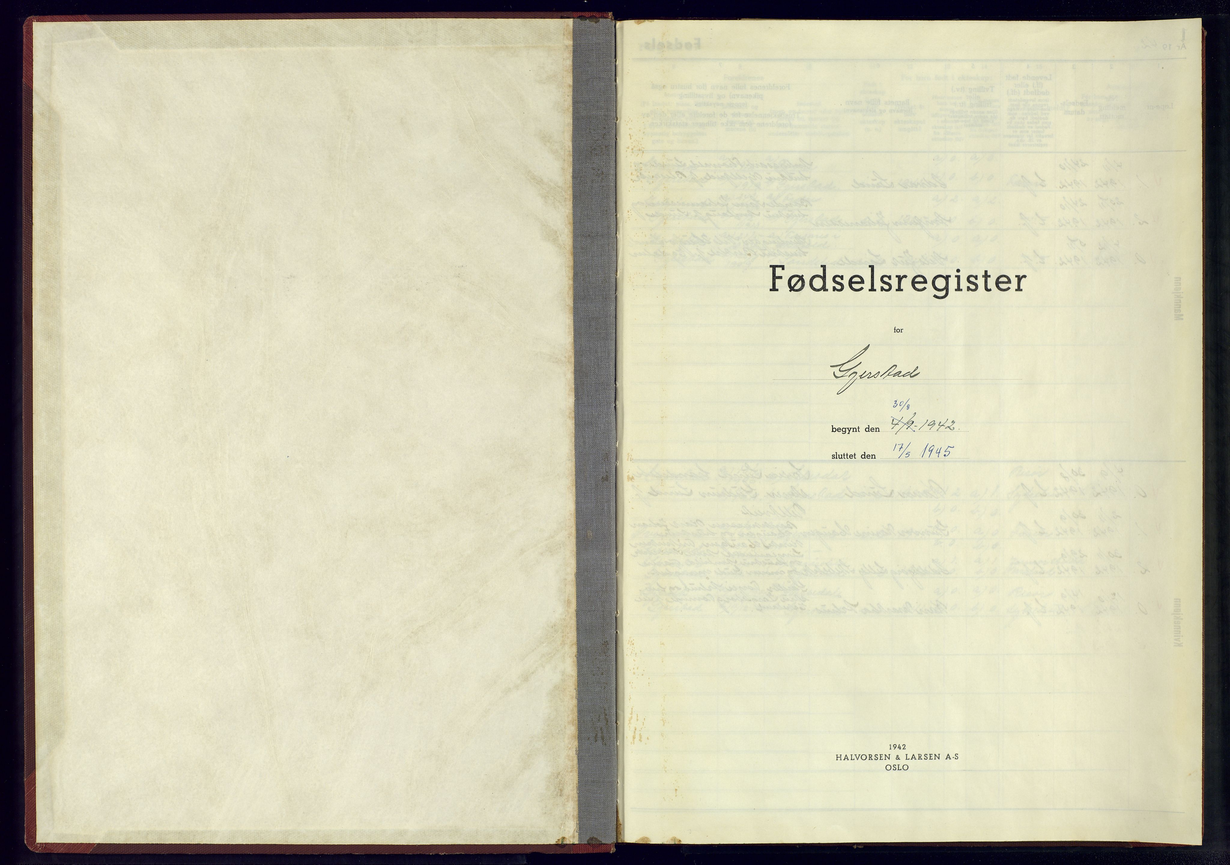 Gjerstad sokneprestkontor, SAK/1111-0014/J/Je/L0001: Fødselsregister nr. A-VI-3, 1942-1945