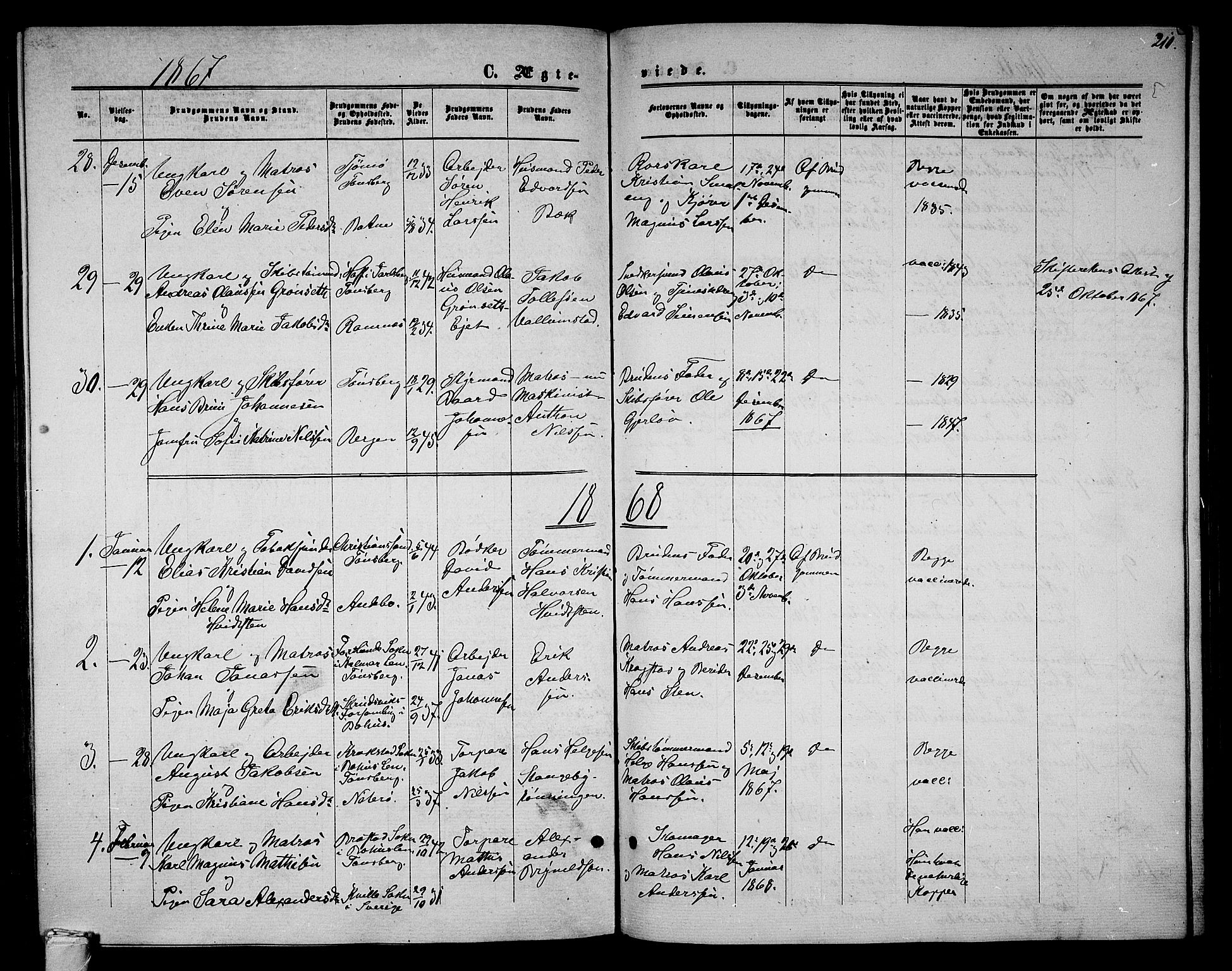 Tønsberg kirkebøker, AV/SAKO-A-330/G/Ga/L0004: Klokkerbok nr. 4, 1865-1874, s. 210