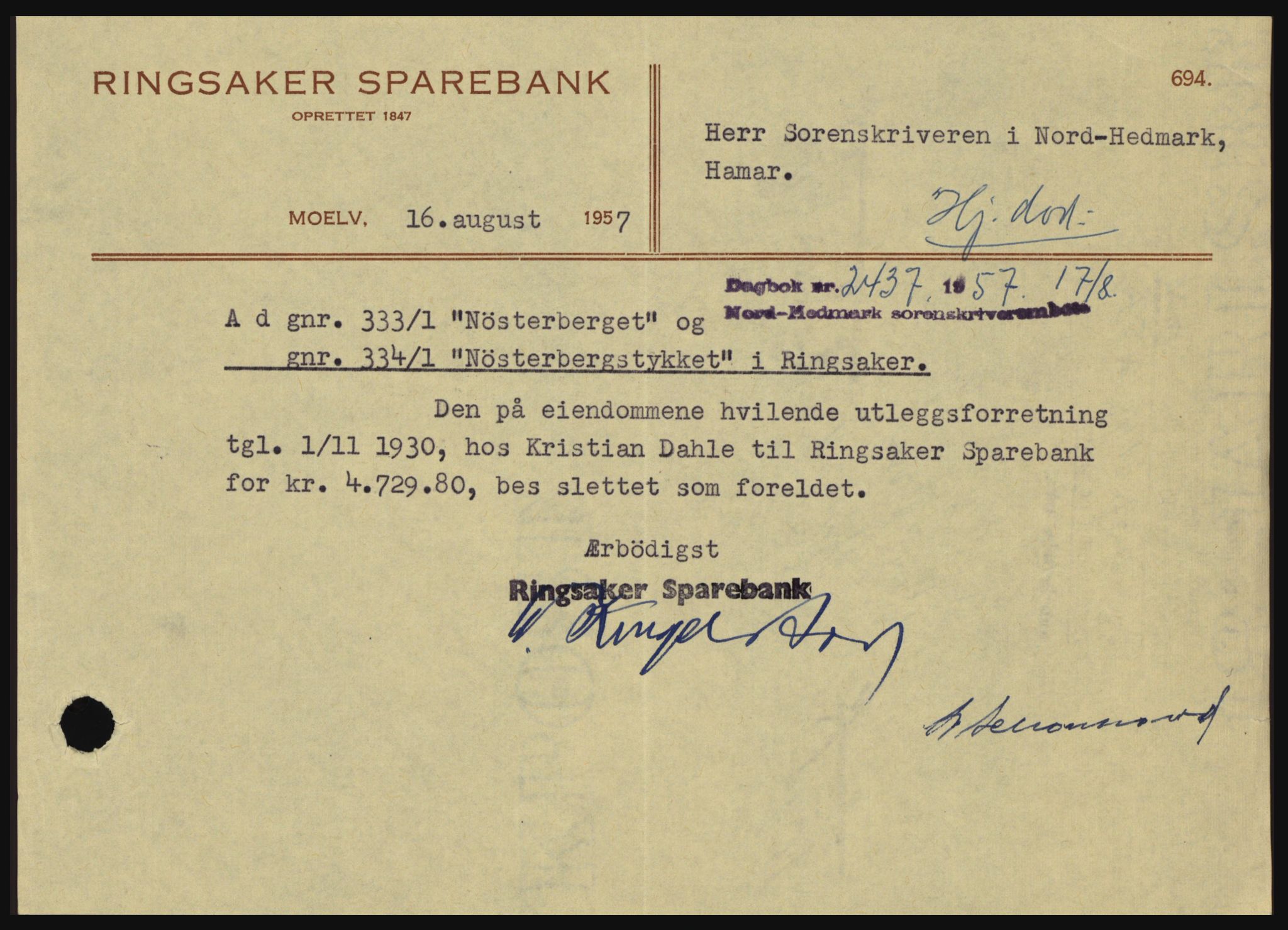Nord-Hedmark sorenskriveri, SAH/TING-012/H/Hc/L0011: Pantebok nr. 11, 1956-1957, Dagboknr: 2437/1957