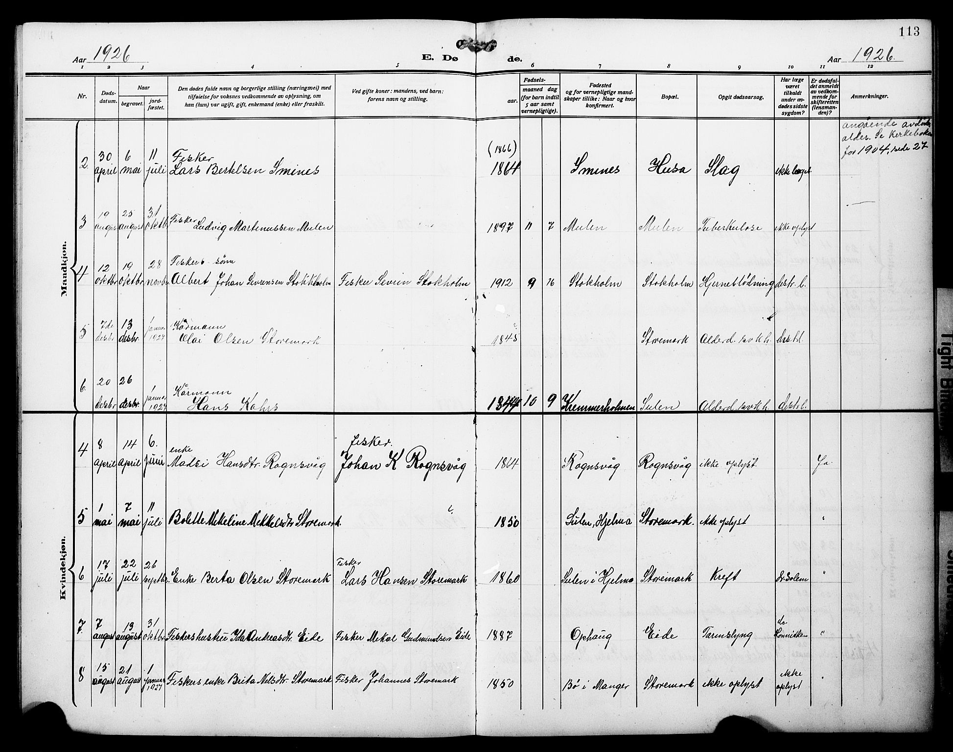 Lindås Sokneprestembete, AV/SAB-A-76701/H/Hab/Habd/L0004: Klokkerbok nr. D 4, 1913-1928, s. 113