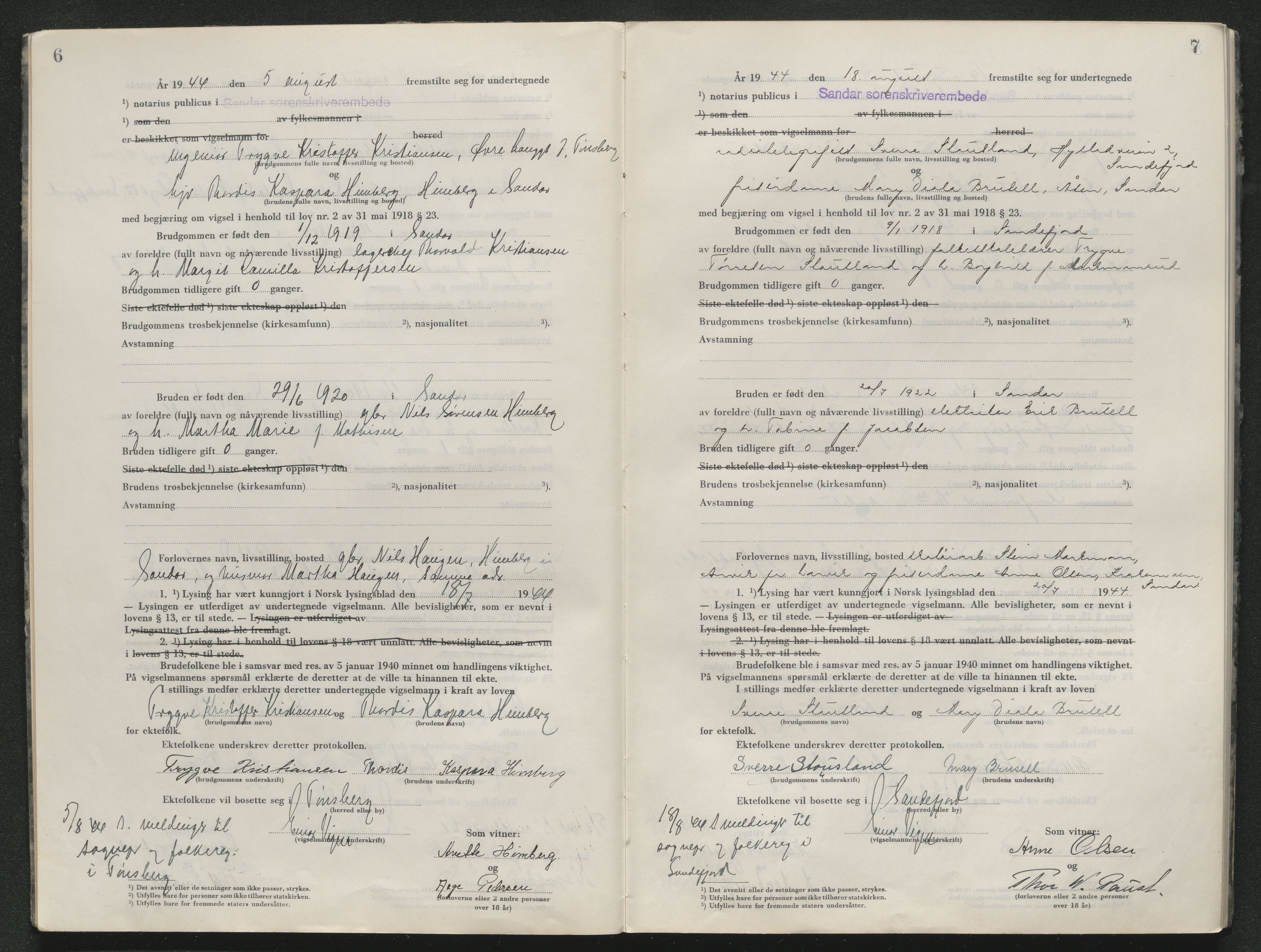 Sandar sorenskriveri, AV/SAKO-A-86/L/Lb/L0004: Vigselselbok, 1944-1947, s. 6-7