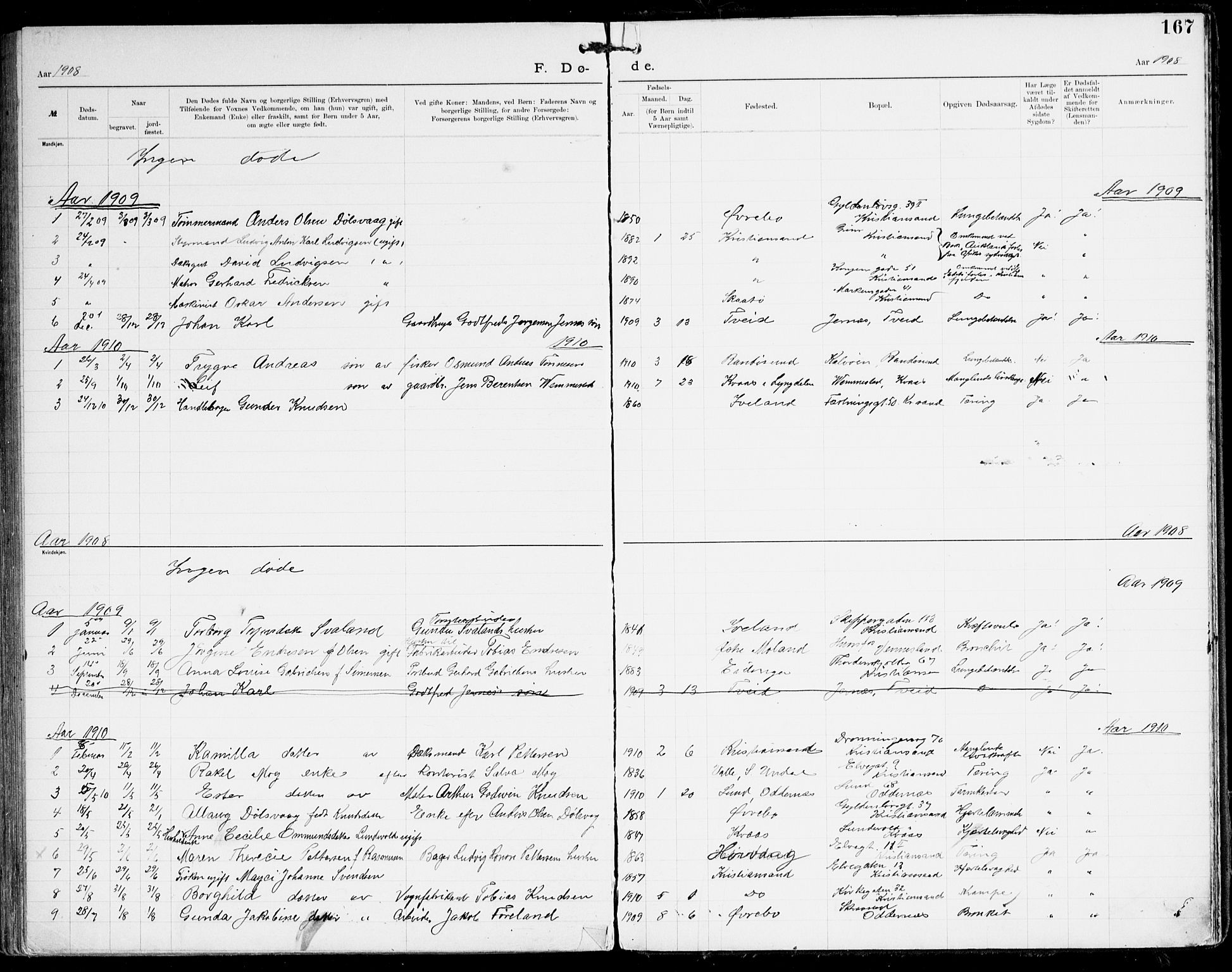 Den evangelisk-lutherske frikirke, Kristiansand, AV/SAK-1292-0017/F/Fa/L0003: Dissenterprotokoll nr. F 11, 1892-1925, s. 167