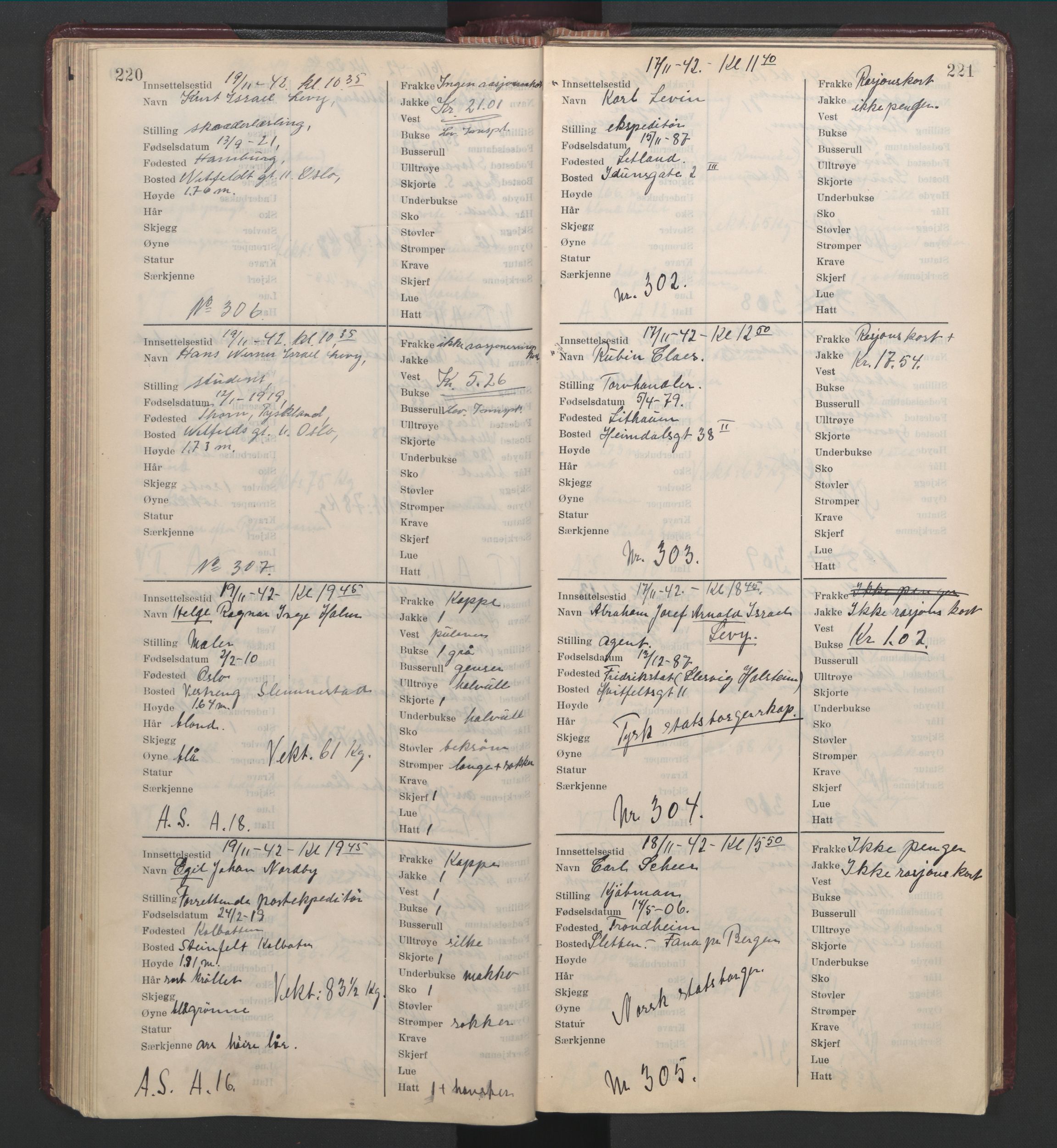 Statspolitiet - Hovedkontoret / Osloavdelingen, AV/RA-S-1329/C/Cl/L0014: Mottakelsesprotokoll, 1941-1944, s. 220-221