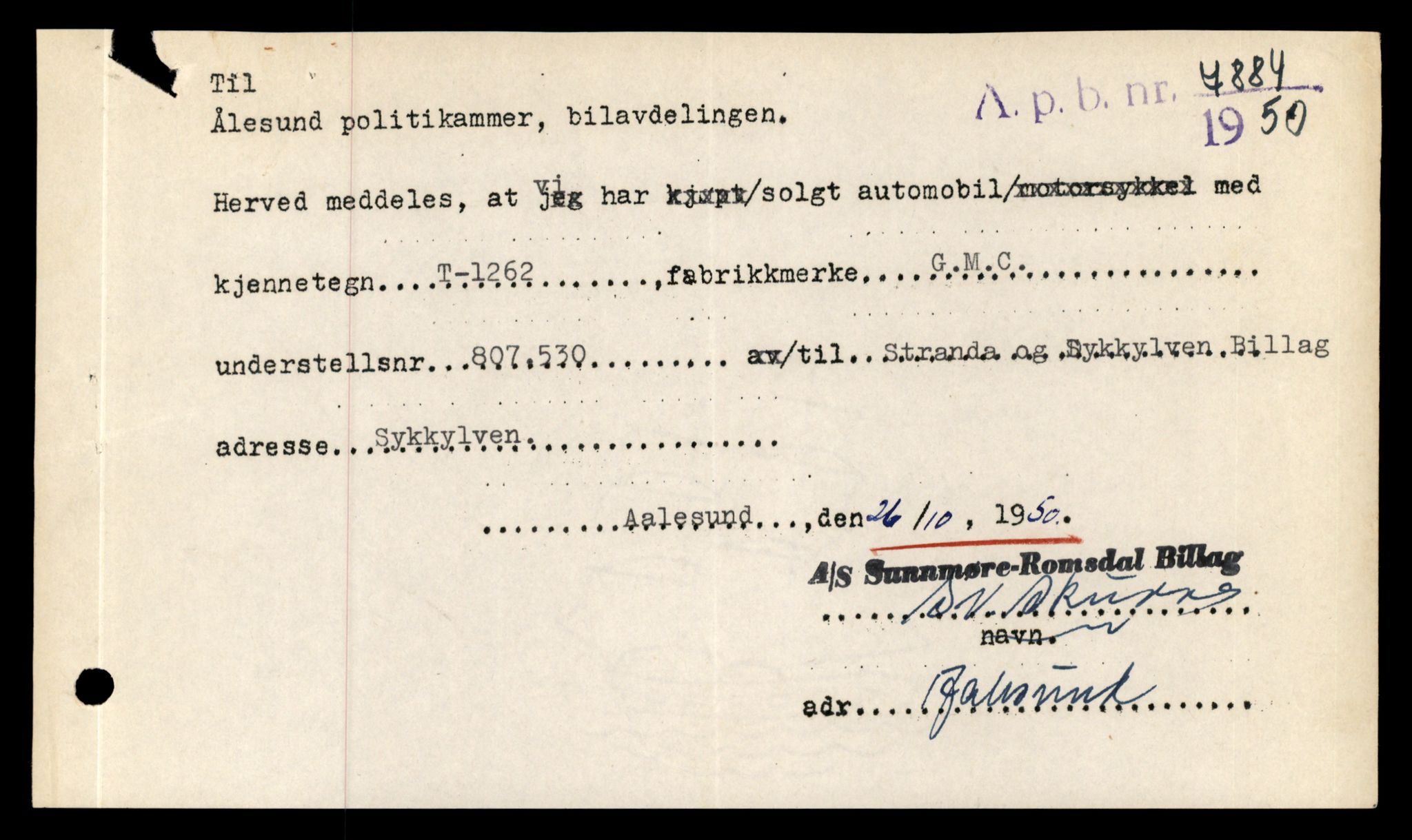 Møre og Romsdal vegkontor - Ålesund trafikkstasjon, AV/SAT-A-4099/F/Fe/L0010: Registreringskort for kjøretøy T 1050 - T 1169, 1927-1998, s. 2869