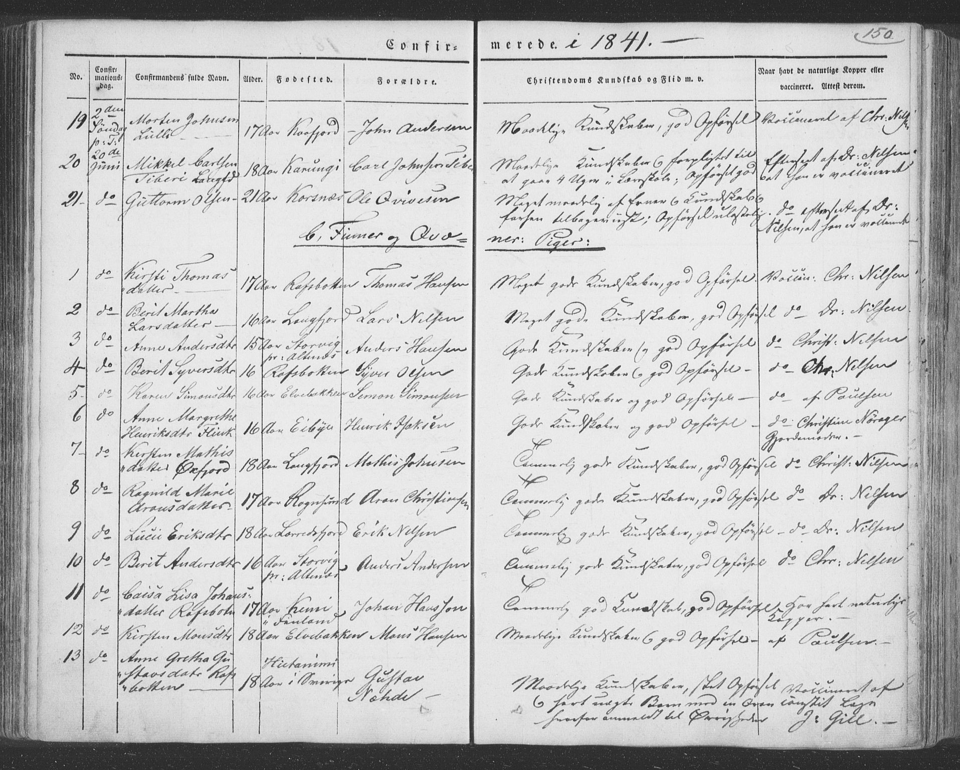 Talvik sokneprestkontor, AV/SATØ-S-1337/H/Ha/L0009kirke: Ministerialbok nr. 9, 1837-1852, s. 150