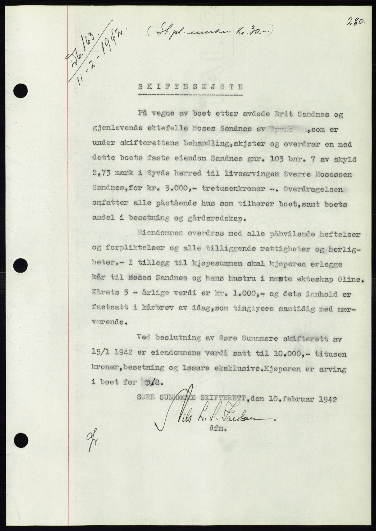 Søre Sunnmøre sorenskriveri, SAT/A-4122/1/2/2C/L0073: Pantebok nr. 67, 1941-1942, Dagboknr: 163/1942