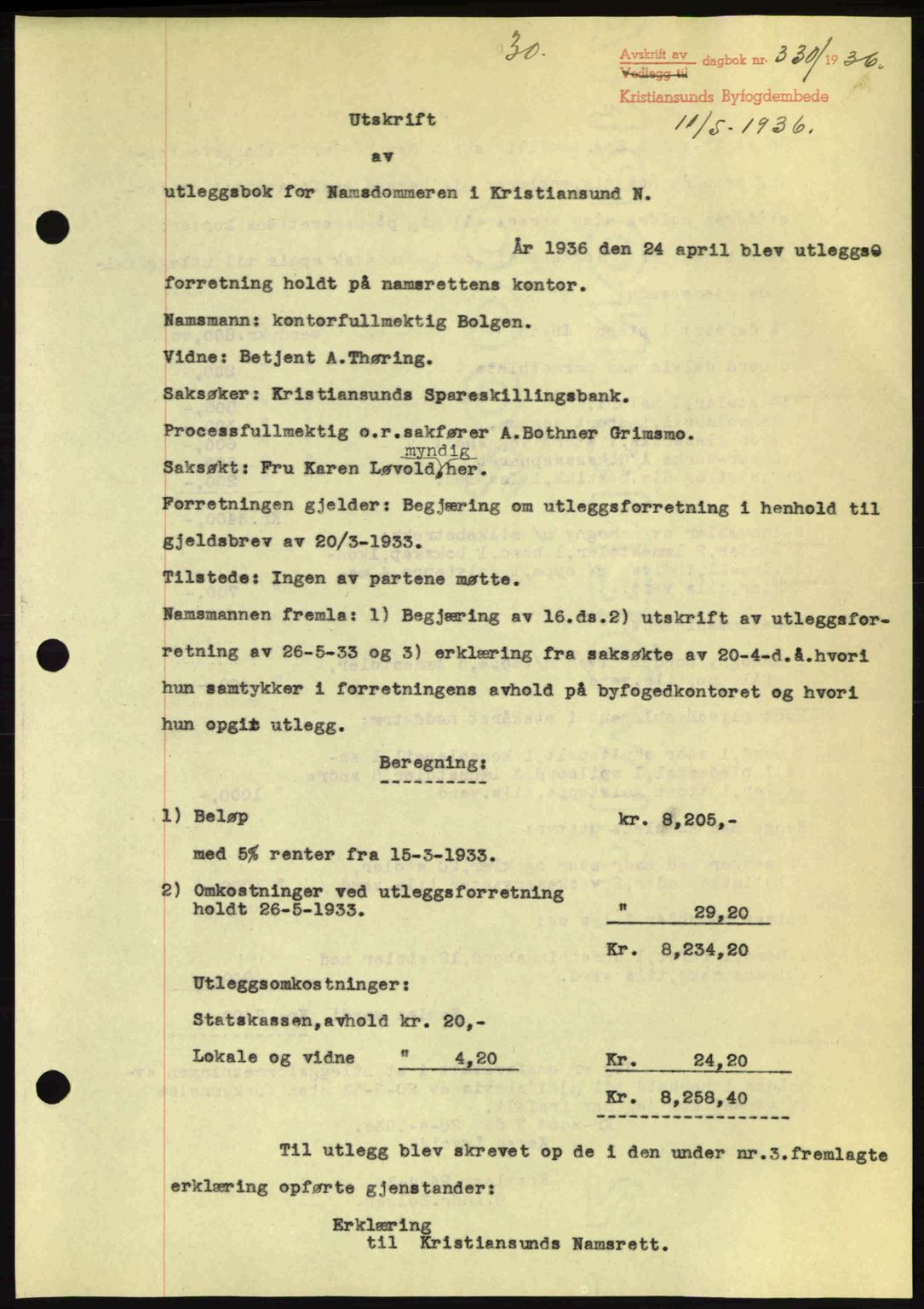 Kristiansund byfogd, SAT/A-4587/A/27: Pantebok nr. 29, 1936-1937, Dagboknr: 330/1936