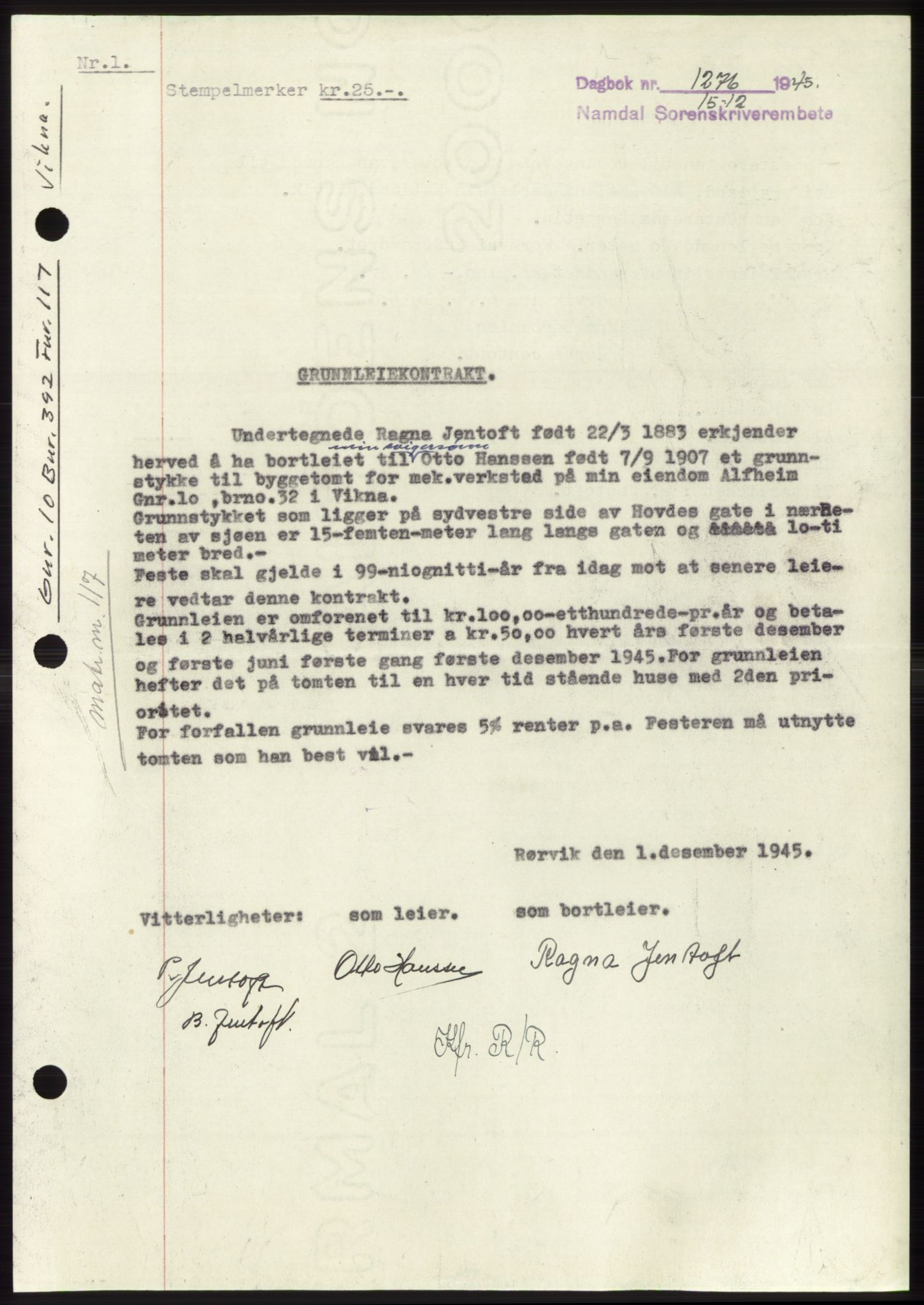 Namdal sorenskriveri, SAT/A-4133/1/2/2C: Pantebok nr. -, 1944-1945, Dagboknr: 1276/1945