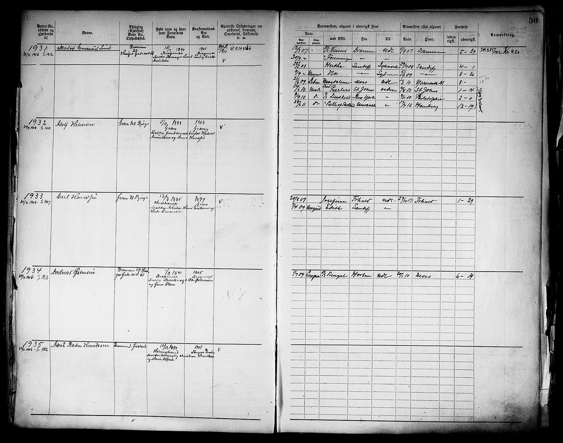 Drammen innrulleringsdistrikt, AV/SAKO-A-781/F/Fb/L0006: Annotasjonsrulle, 1905-1911, s. 52