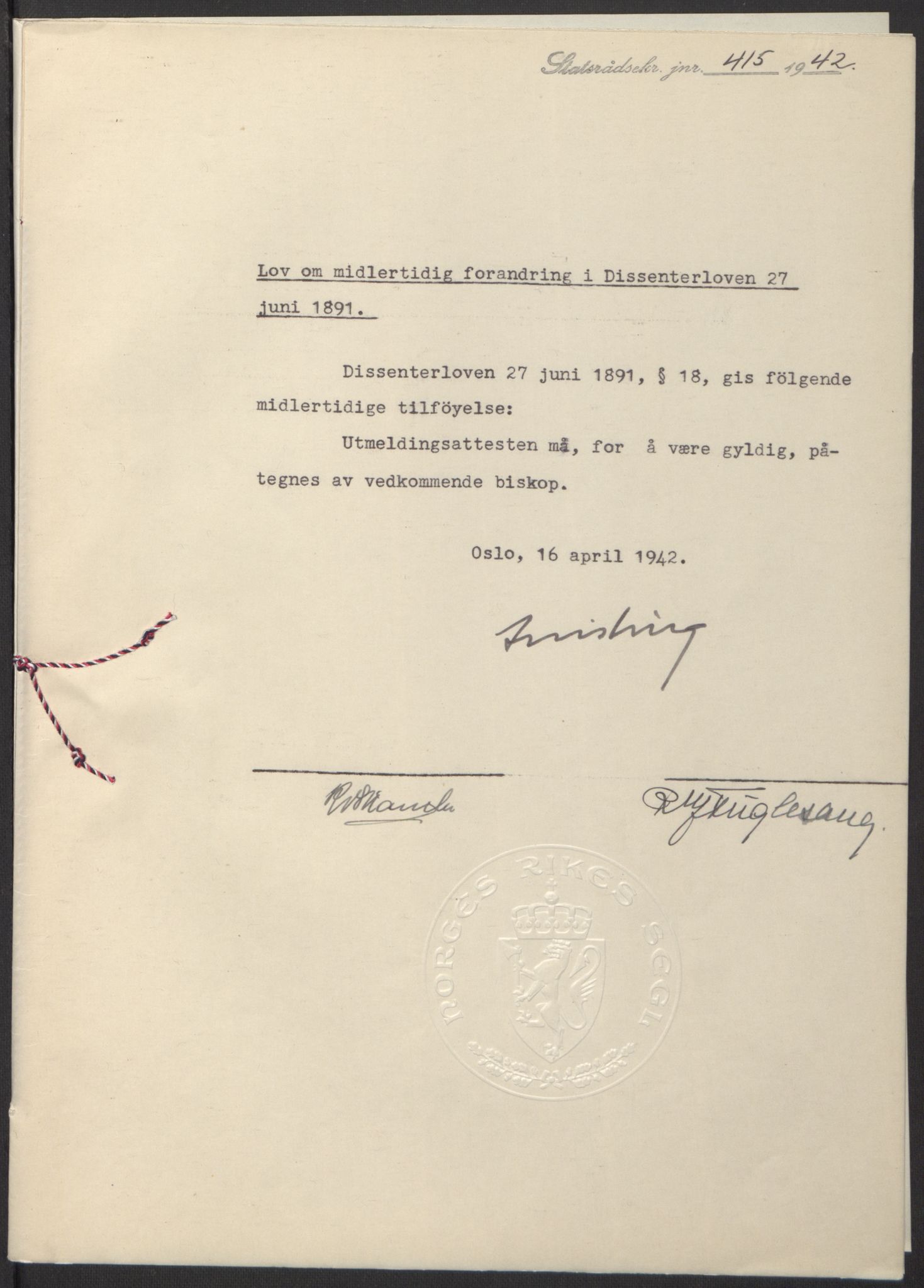 NS-administrasjonen 1940-1945 (Statsrådsekretariatet, de kommisariske statsråder mm), RA/S-4279/D/Db/L0097: Lover I, 1942, s. 301