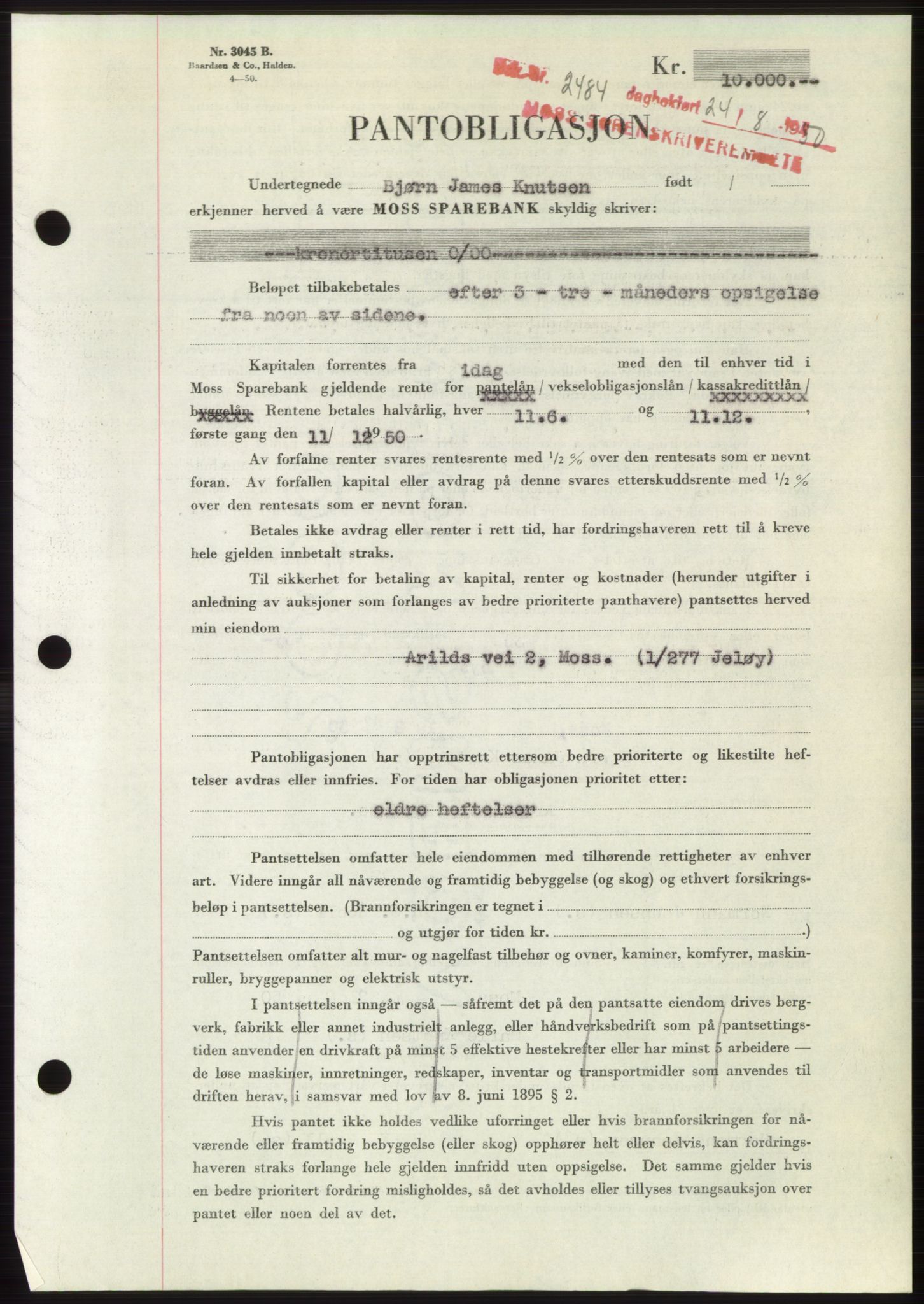Moss sorenskriveri, SAO/A-10168: Pantebok nr. B25, 1950-1950, Dagboknr: 2484/1950