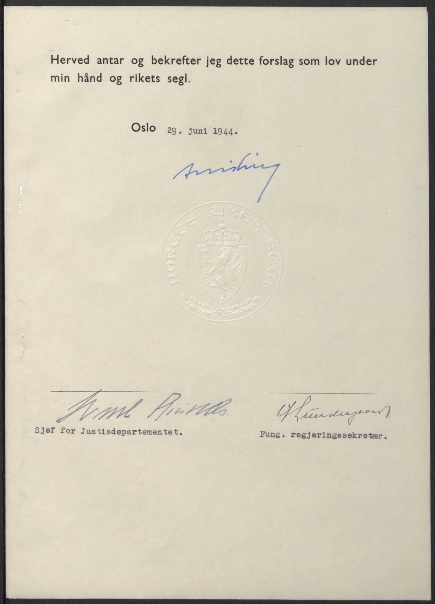 NS-administrasjonen 1940-1945 (Statsrådsekretariatet, de kommisariske statsråder mm), RA/S-4279/D/Db/L0100: Lover, 1944, s. 325