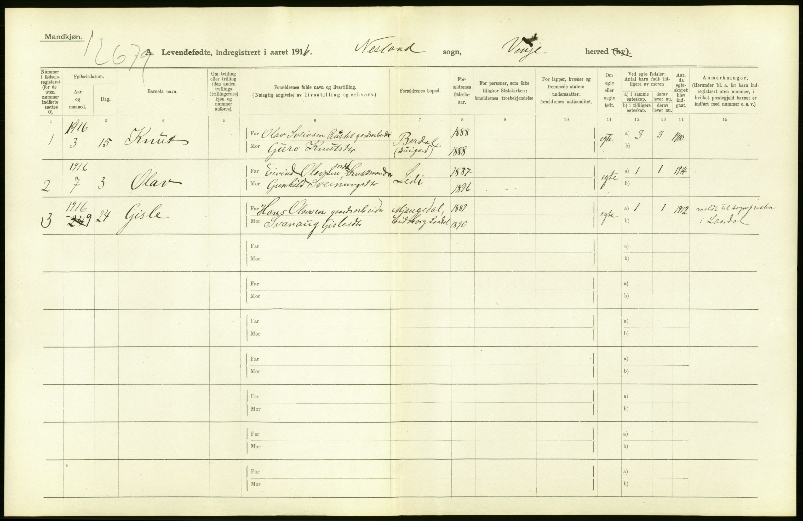 Statistisk sentralbyrå, Sosiodemografiske emner, Befolkning, AV/RA-S-2228/D/Df/Dfb/Dfbf/L0022: Bratsberg amt: Levendefødte menn og kvinner. Bygder., 1916, s. 4