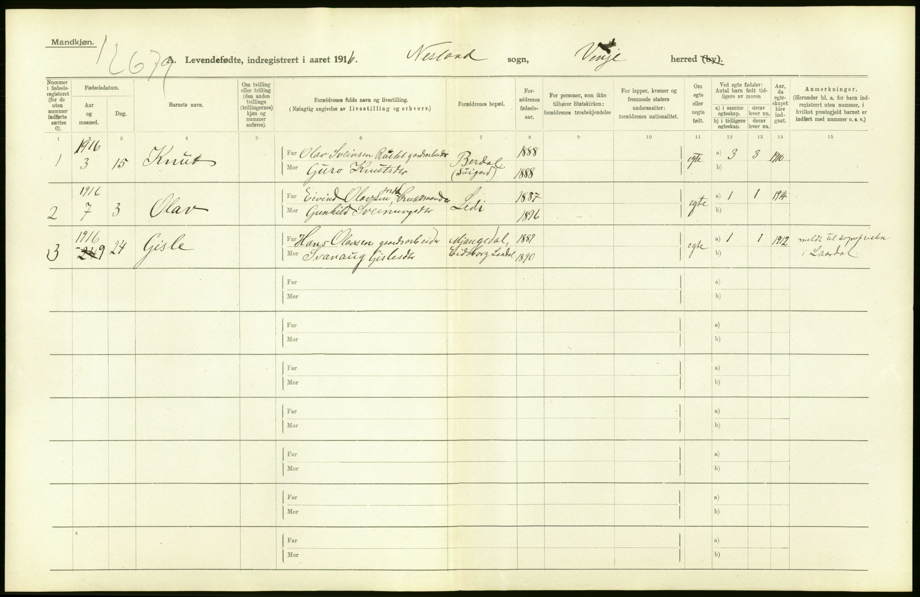 Statistisk sentralbyrå, Sosiodemografiske emner, Befolkning, RA/S-2228/D/Df/Dfb/Dfbf/L0022: Bratsberg amt: Levendefødte menn og kvinner. Bygder., 1916, s. 4