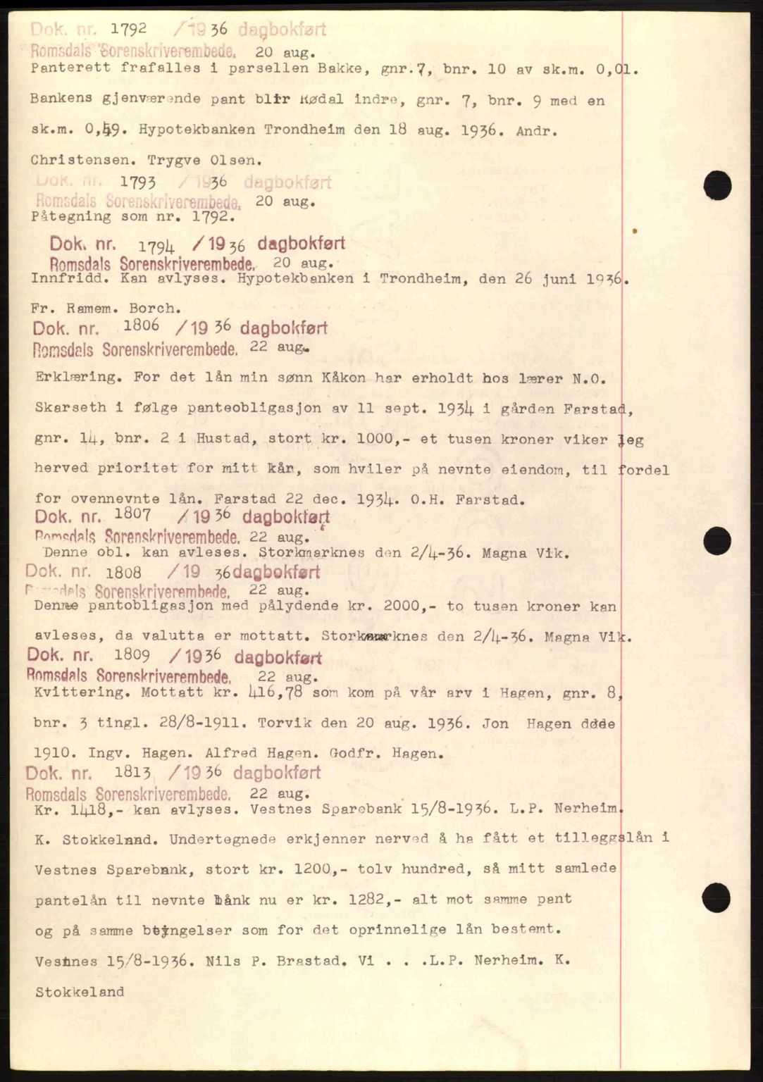 Romsdal sorenskriveri, AV/SAT-A-4149/1/2/2C: Pantebok nr. C1a, 1936-1945, Dagboknr: 1792/1936