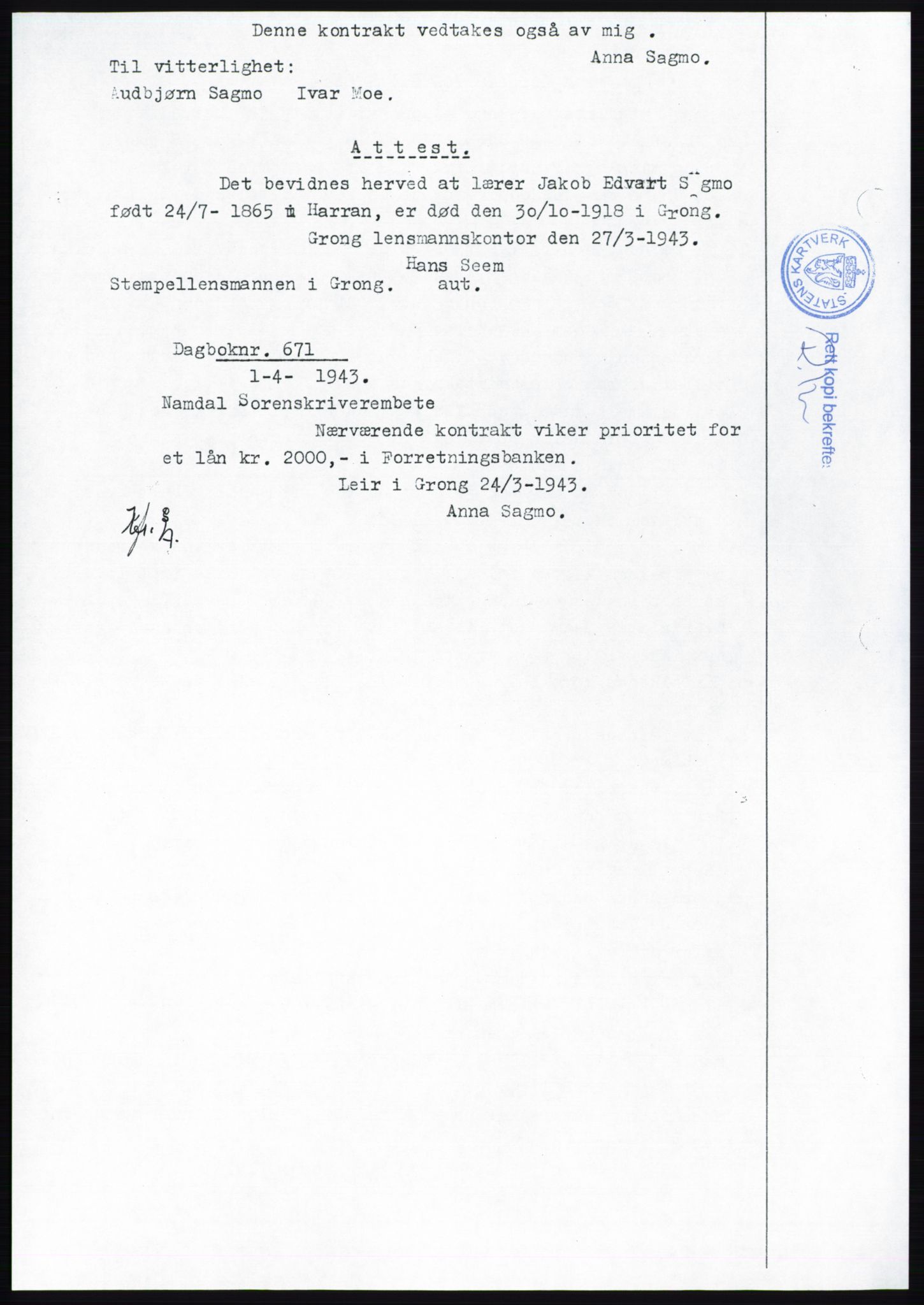 Namdal sorenskriveri, SAT/A-4133/1/2/2C: Pantebok nr. -, 1942-1943, Tingl.dato: 31.03.1943