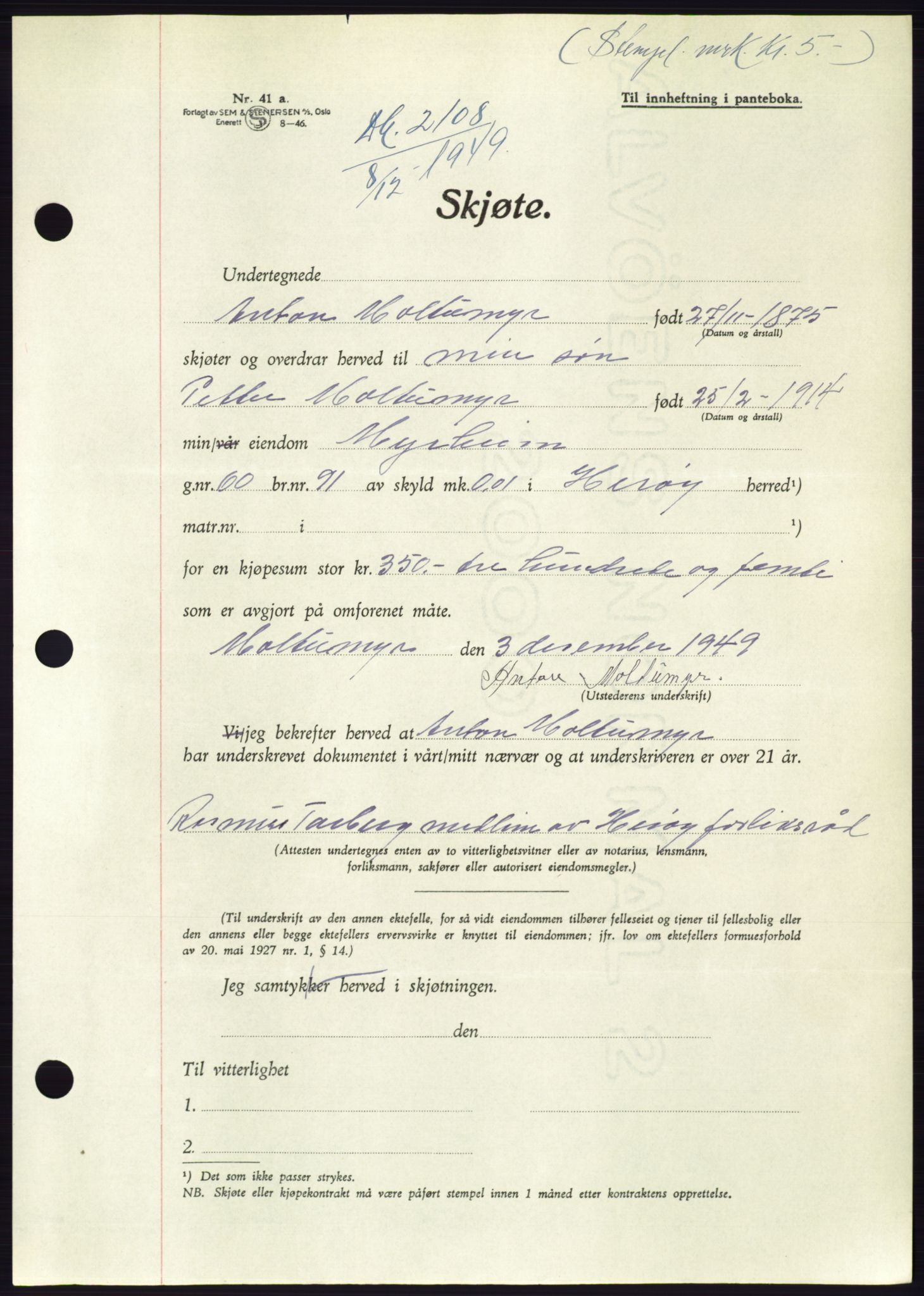 Søre Sunnmøre sorenskriveri, AV/SAT-A-4122/1/2/2C/L0085: Pantebok nr. 11A, 1949-1949, Dagboknr: 2108/1949