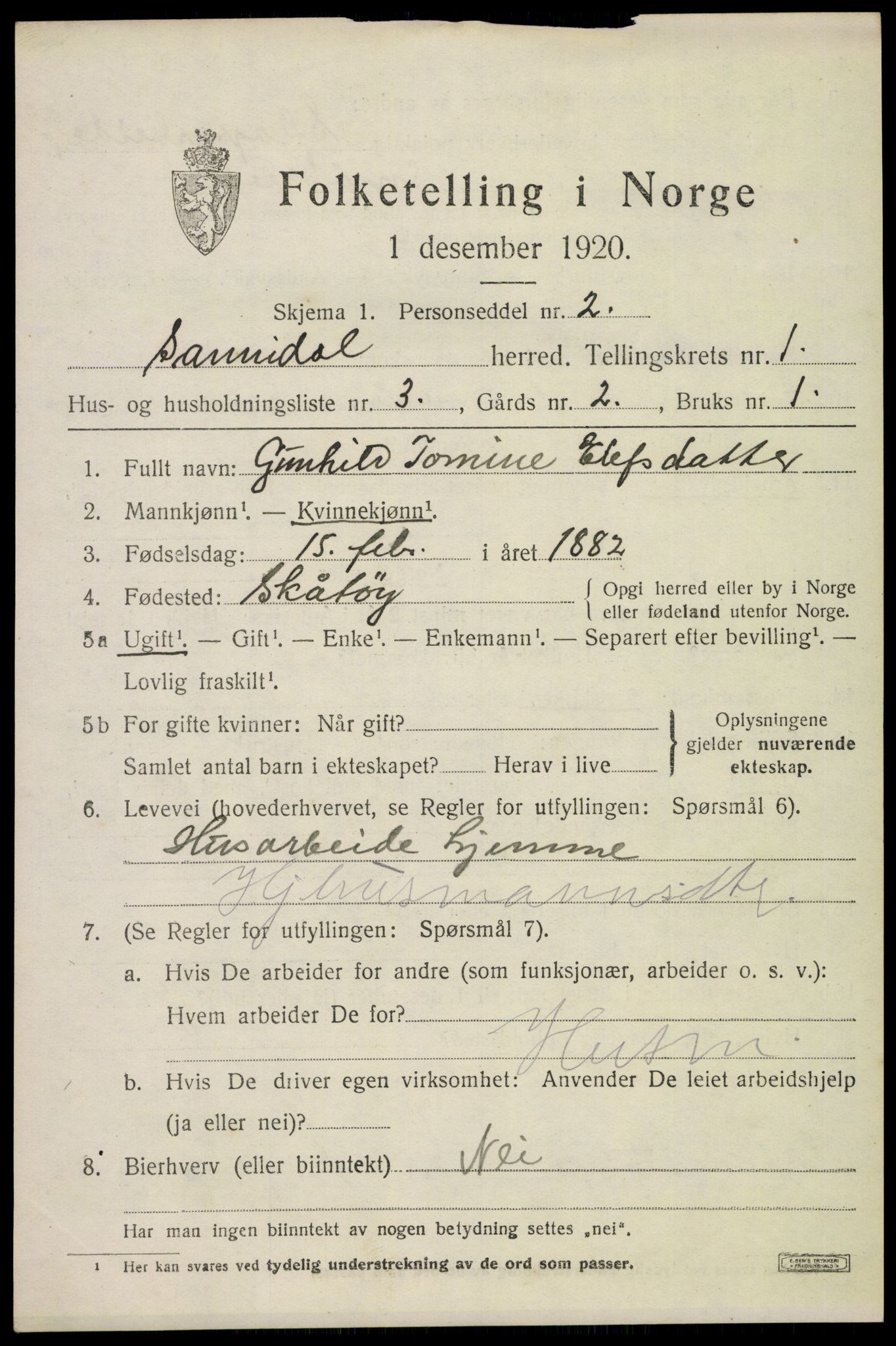 SAKO, Folketelling 1920 for 0816 Sannidal herred, 1920, s. 1063