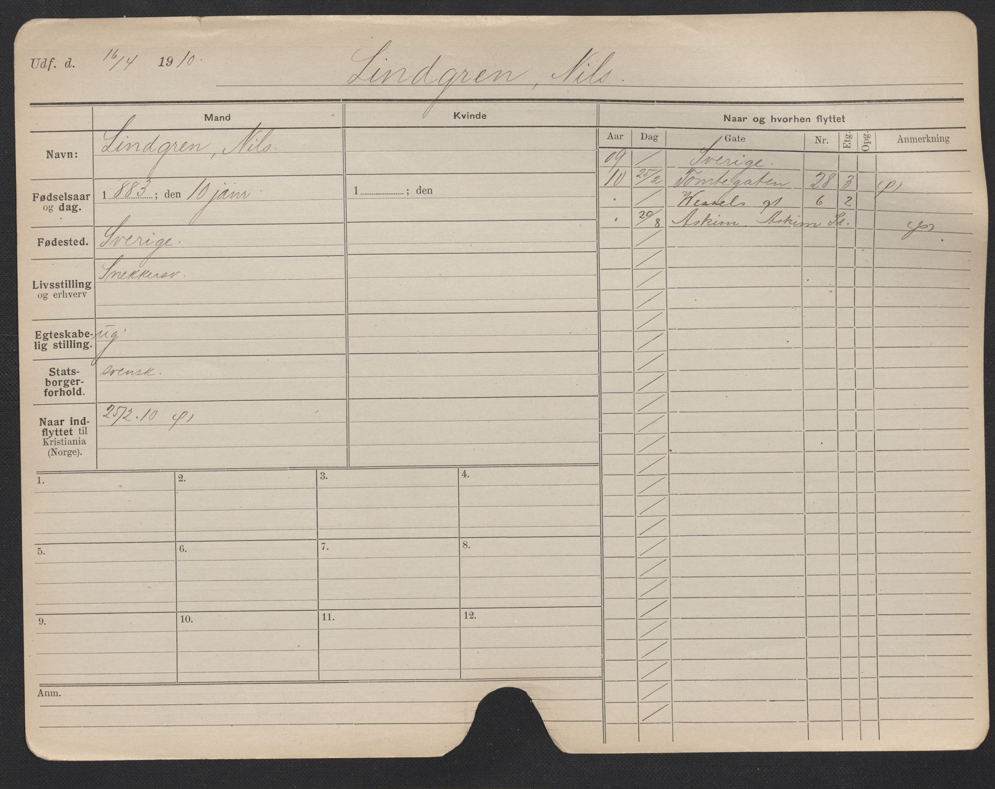 Oslo folkeregister, Registerkort, AV/SAO-A-11715/F/Fa/Fac/L0007: Menn, 1906-1914, s. 175a