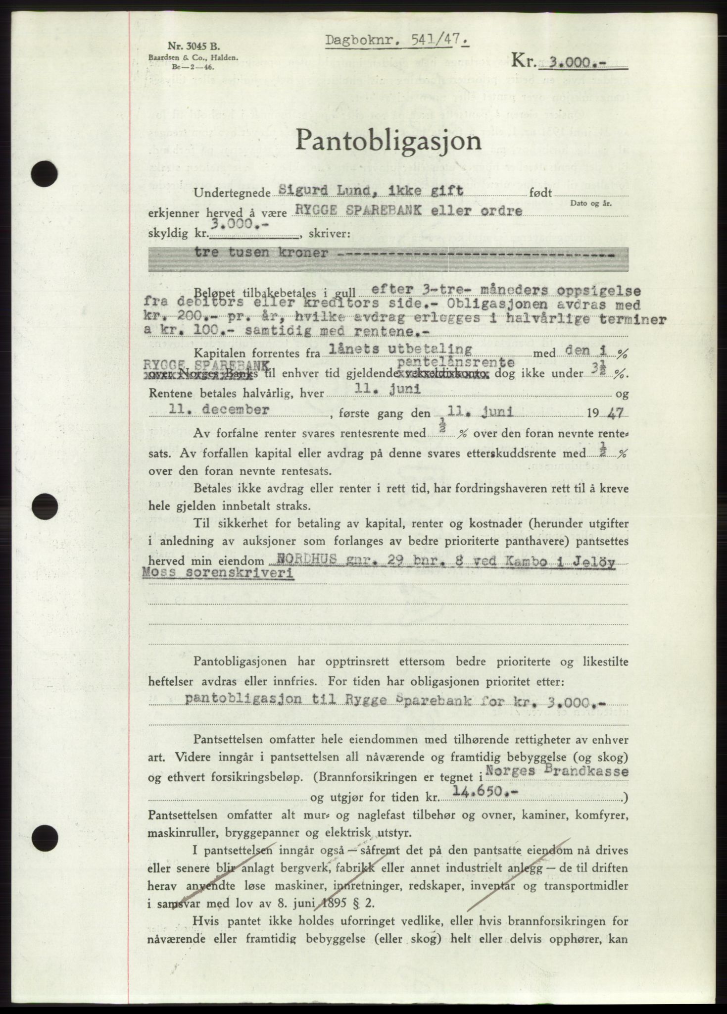 Moss sorenskriveri, SAO/A-10168: Pantebok nr. B16, 1946-1947, Dagboknr: 541/1947