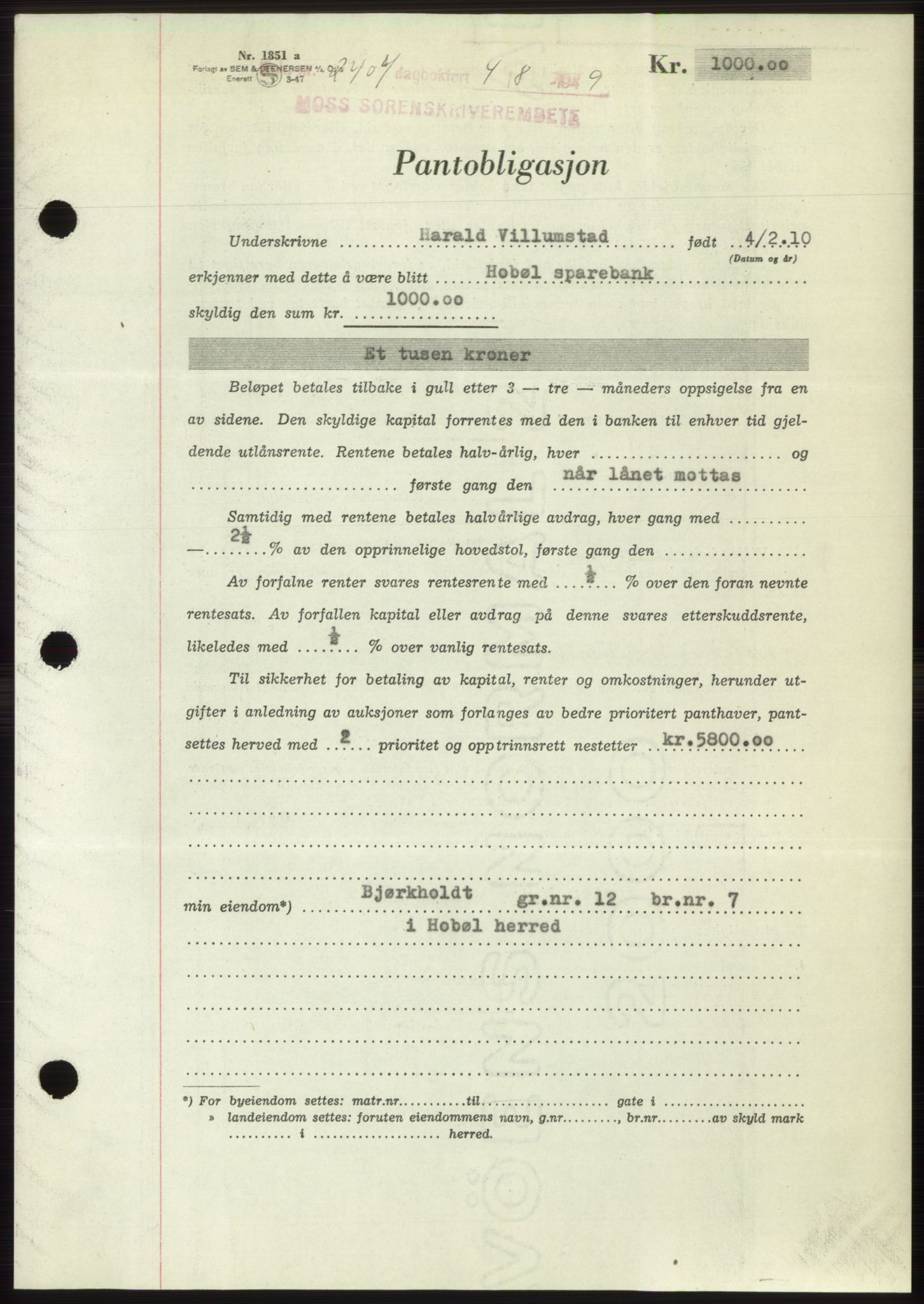 Moss sorenskriveri, SAO/A-10168: Pantebok nr. B22, 1949-1949, Dagboknr: 2404/1949