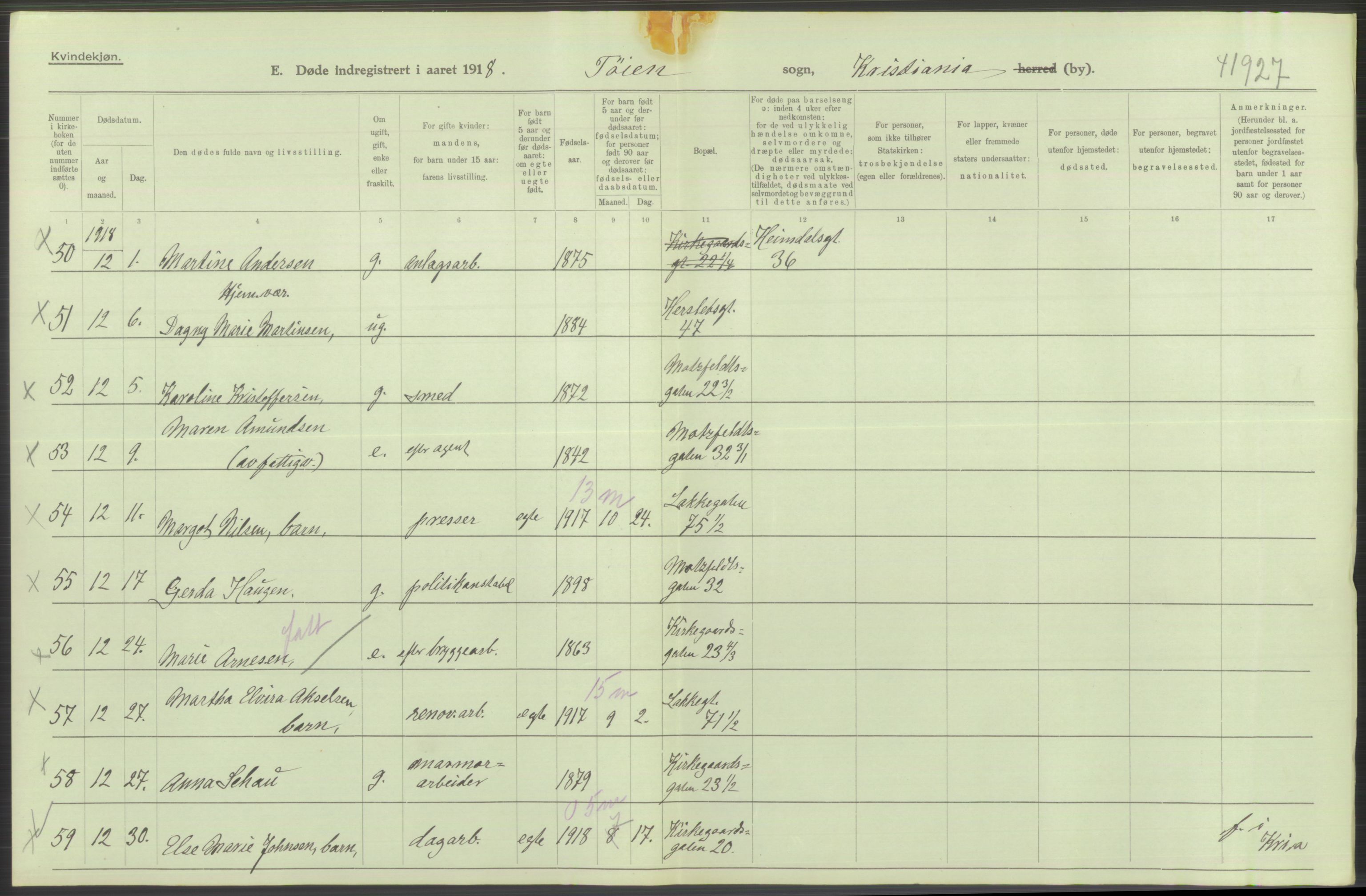 Statistisk sentralbyrå, Sosiodemografiske emner, Befolkning, AV/RA-S-2228/D/Df/Dfb/Dfbh/L0011: Kristiania: Døde, dødfødte, 1918, s. 326